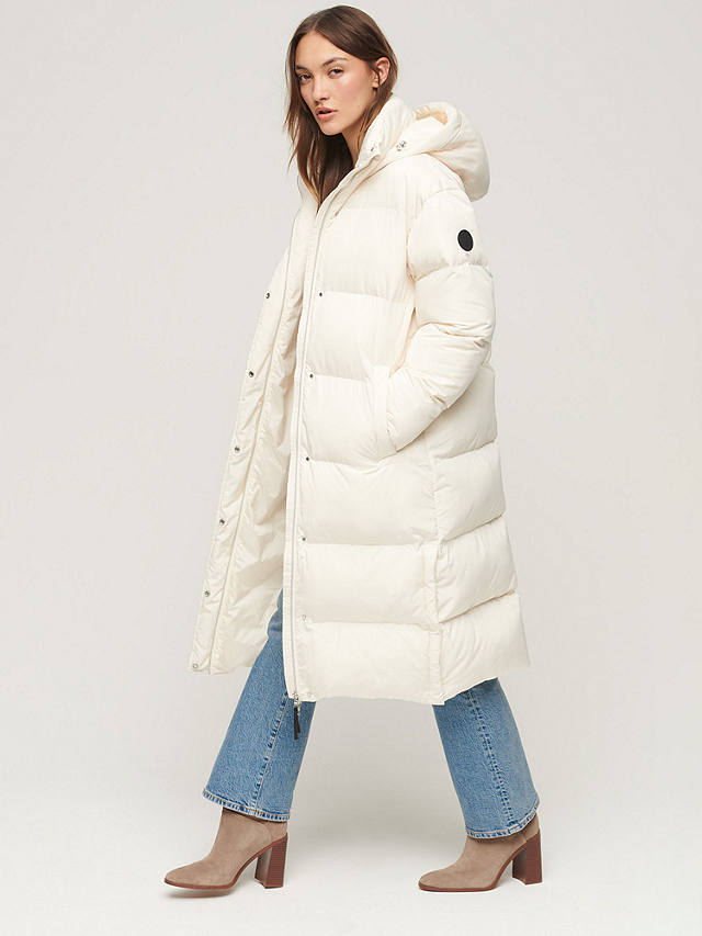 Superdry Hooded Longline Puffer Coat, Off White at John Lewis & Partners
