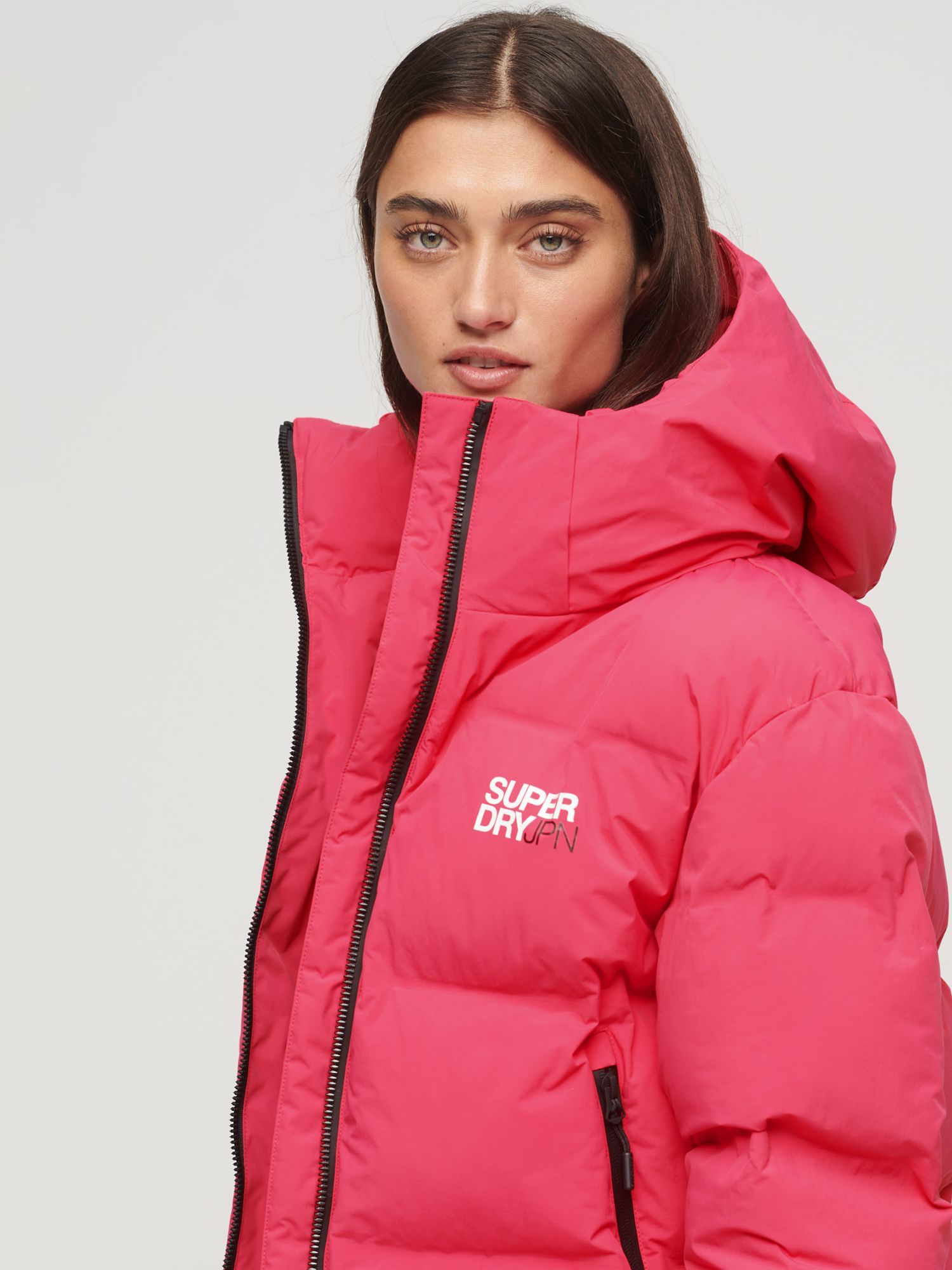 Superdry Hooded Boxy Puffer Jacket, Raspberry Red at John Lewis & Partners