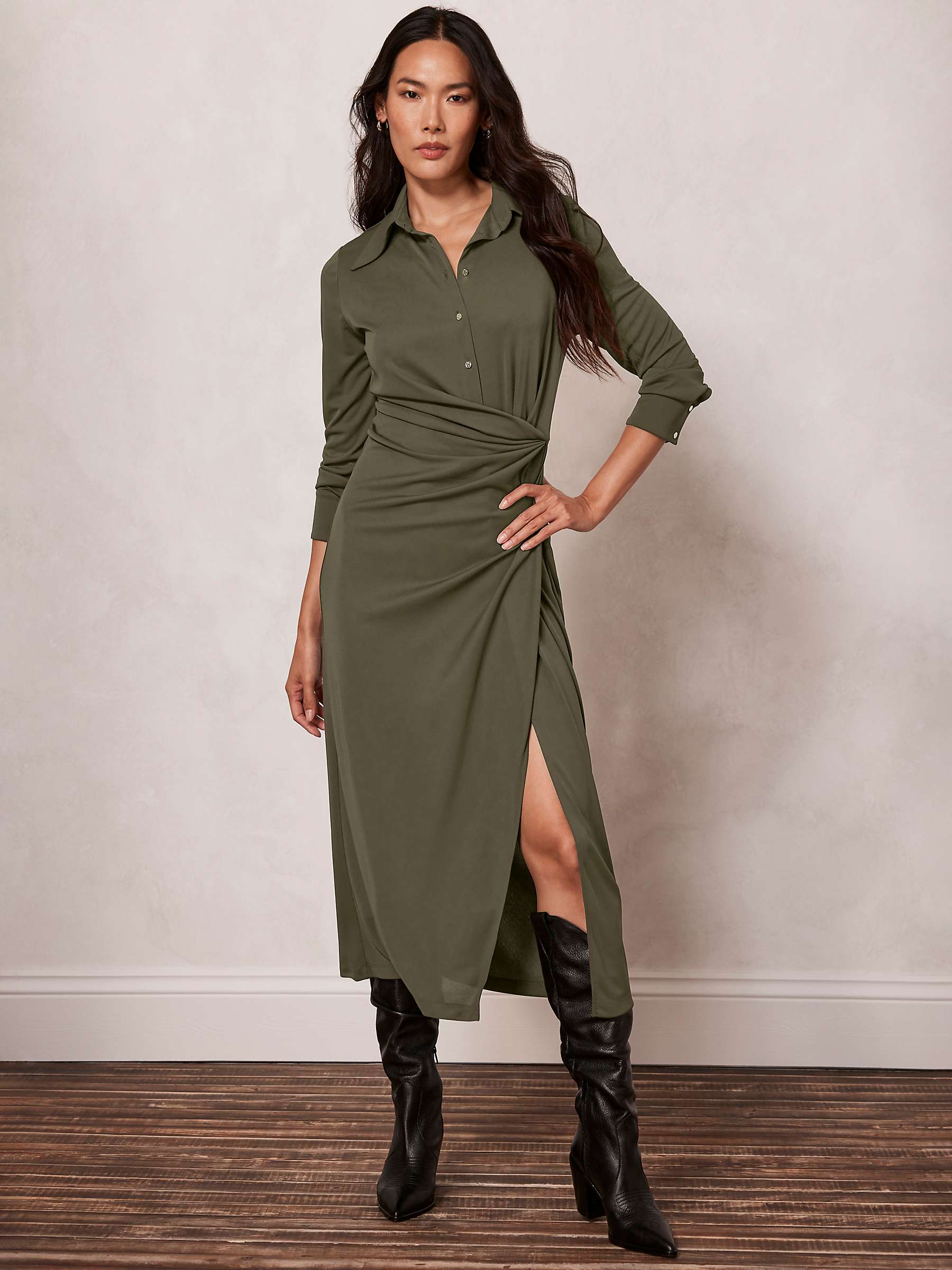 Buy Mint Velvet Drape Front Midi Shirt Dress, Khaki Online at johnlewis.com