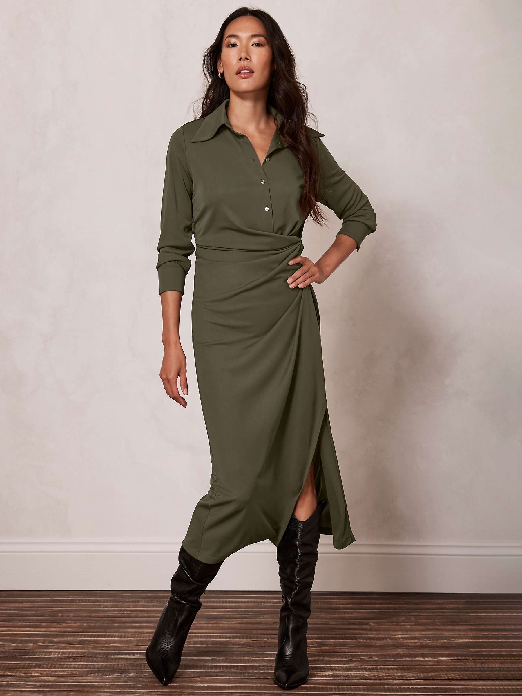 Buy Mint Velvet Drape Front Midi Shirt Dress, Khaki Online at johnlewis.com