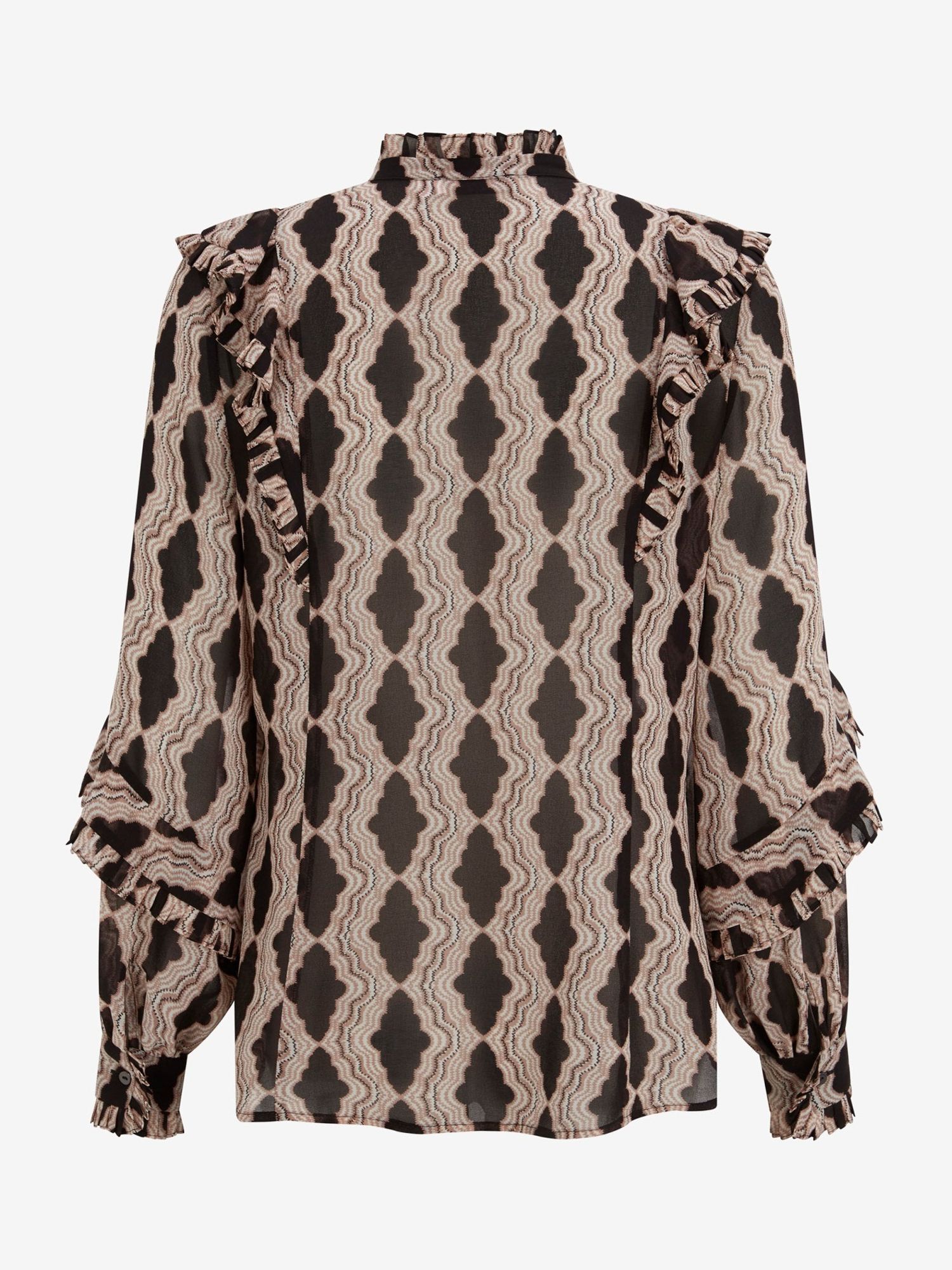 Mint Velvet Graphic Print Ruffle Blouse, Black/Beige at John Lewis