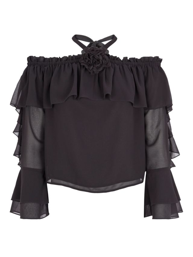 Mint Velvet Corsage Halterneck Bardot Ruffle Top, Black, XS