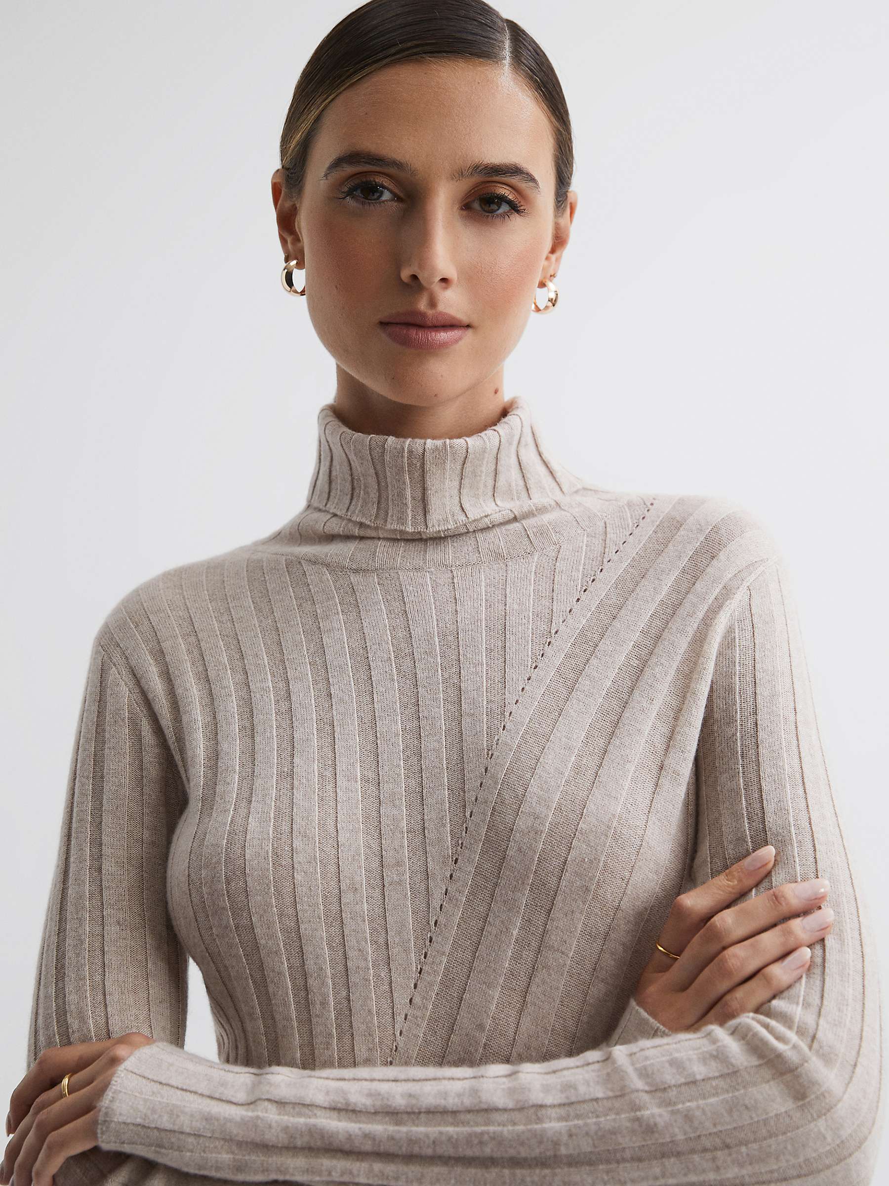 Buy Reiss Cady Ribbed Knit Roll Neck Midi Dress, Stone Online at johnlewis.com