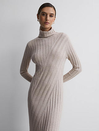 Reiss Cady Ribbed Knit Roll Neck Midi Dress, Stone