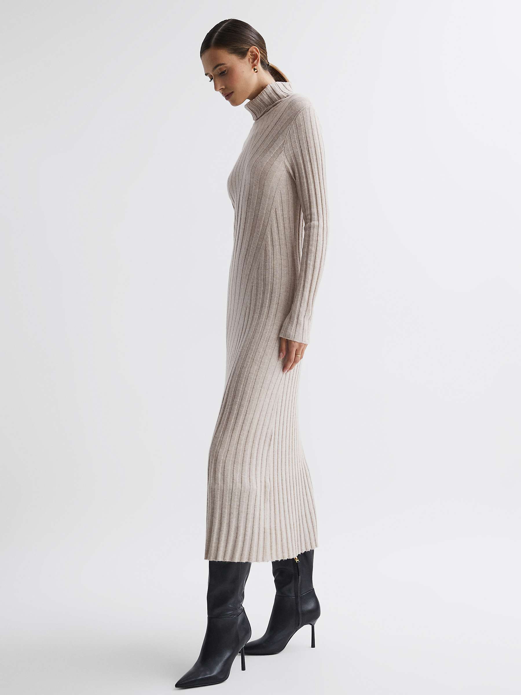 Buy Reiss Cady Ribbed Knit Roll Neck Midi Dress, Stone Online at johnlewis.com