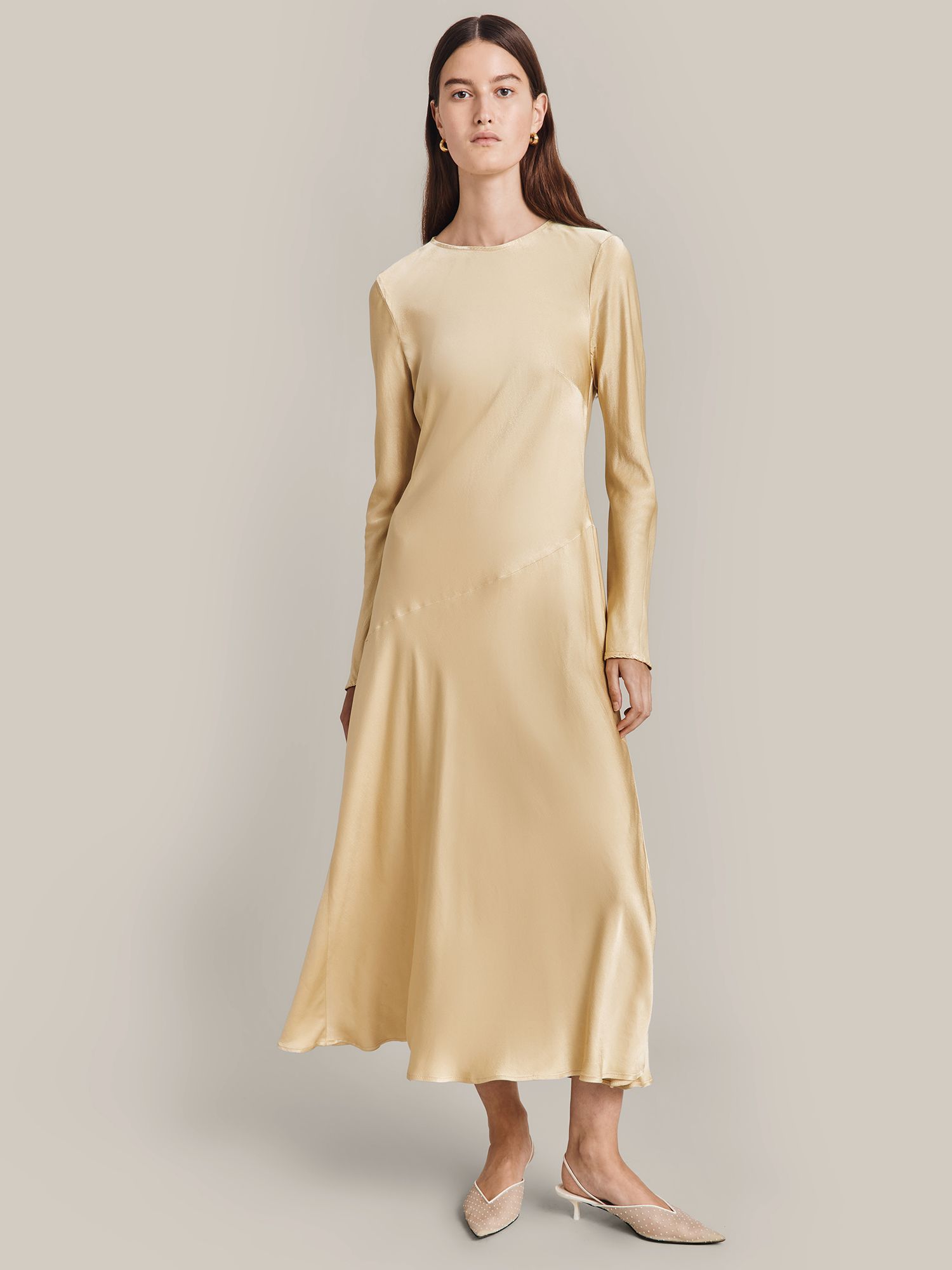 Ghost Lois Bias Cut Satin Midi Dress, Yellow, S