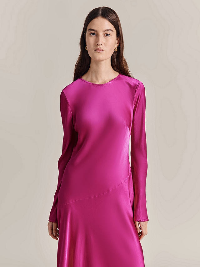 Ghost Lois Bias Cut Satin Midi Dress, Bright Pink at John Lewis & Partners