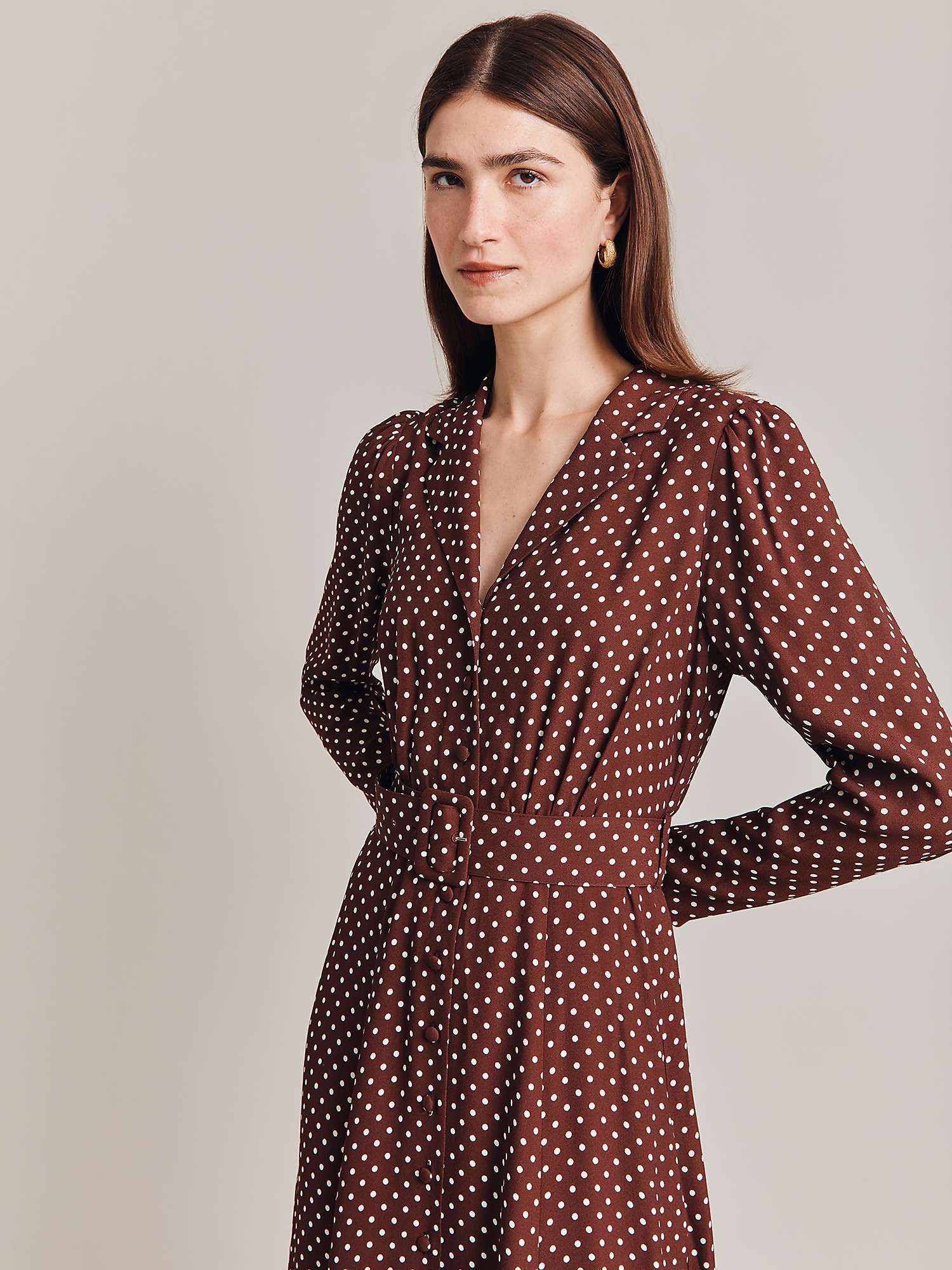 Ghost Lucinda Satin Midi Shirt Dress, Russet Spot at John Lewis & Partners