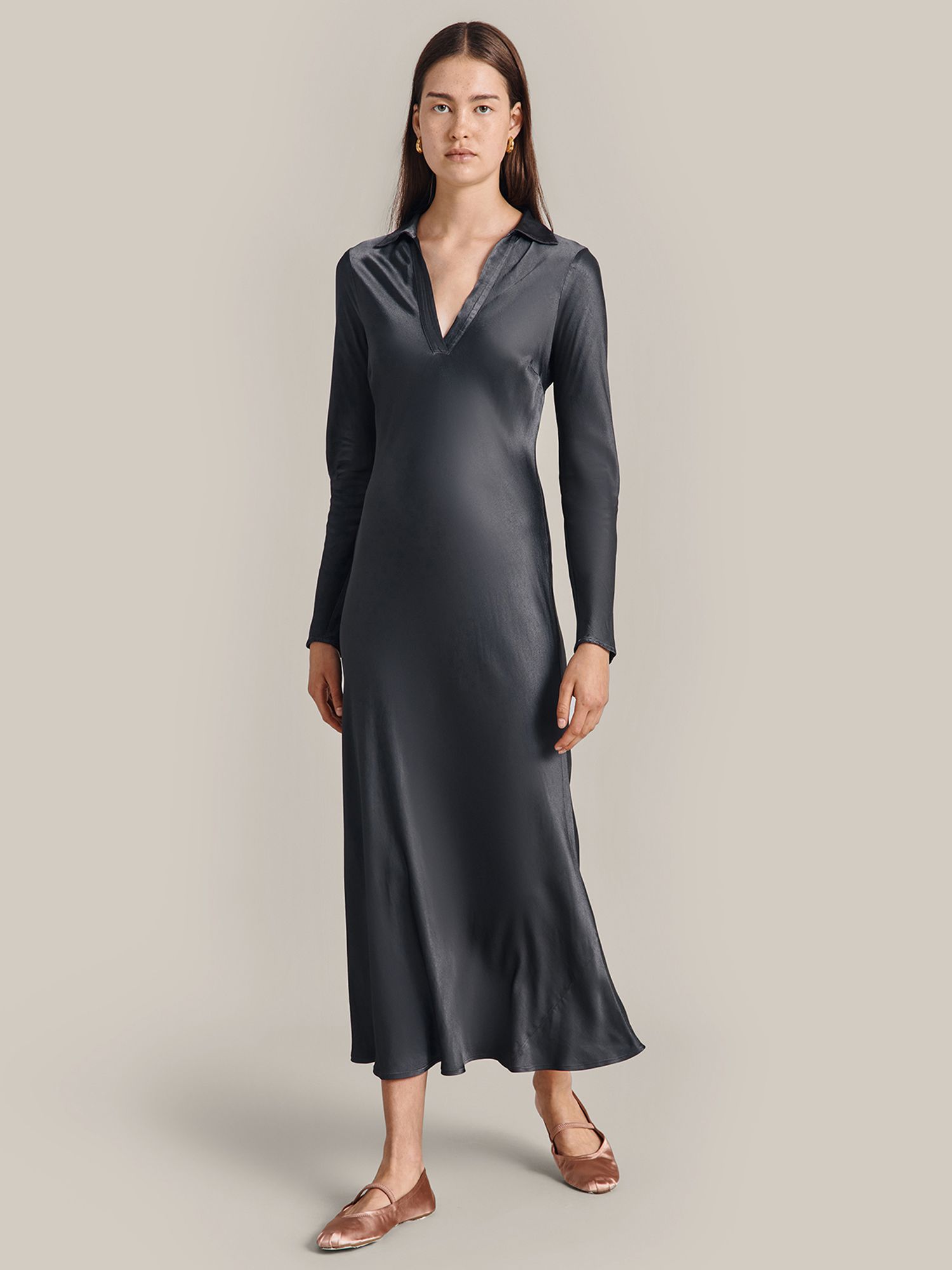 Dark Gray Maxi Silk Satin Dress,graphite Extra Full Length Slip