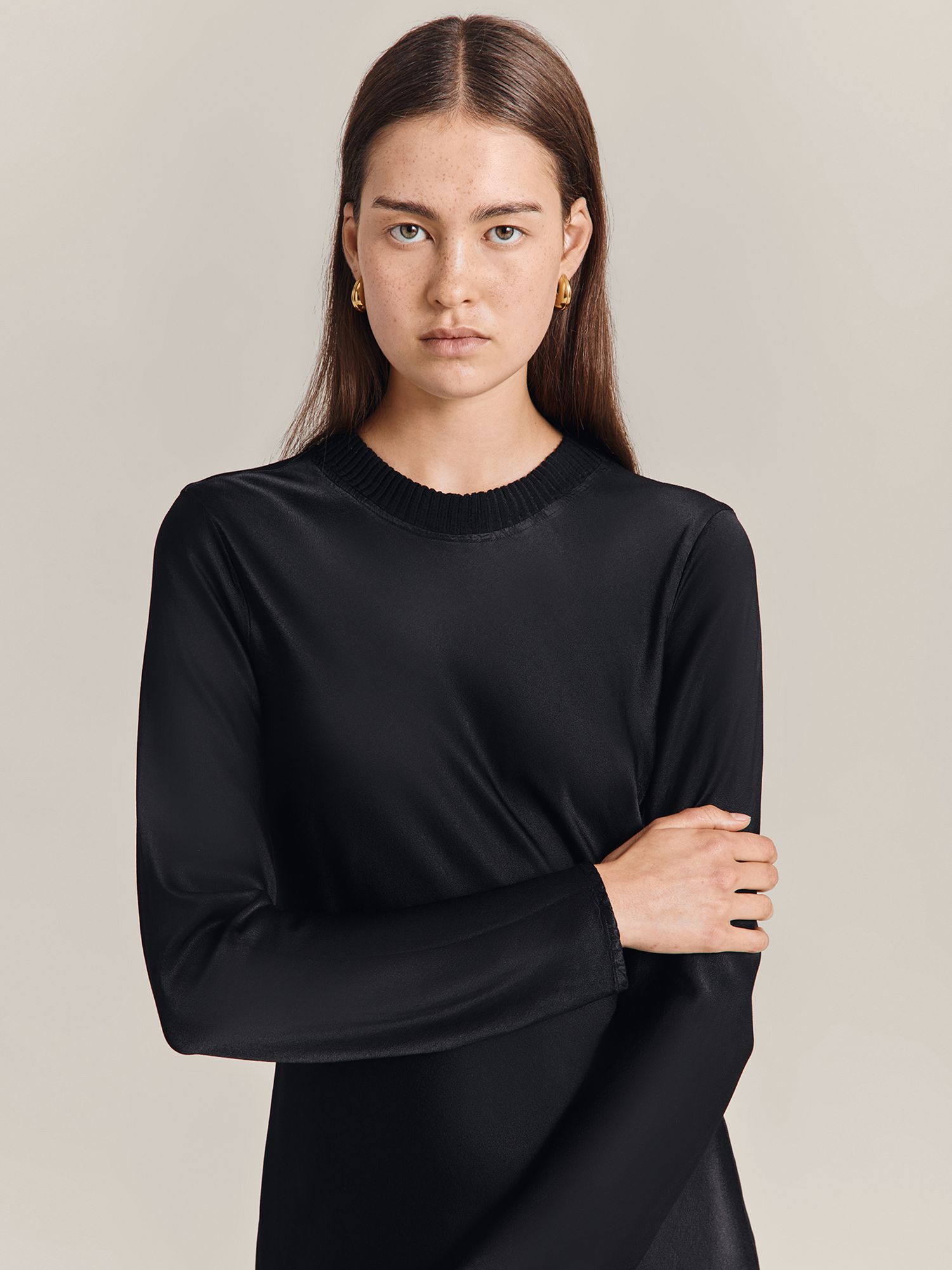 Ghost Rhea Bias Cut Satin Midi Dress, Black at John Lewis & Partners