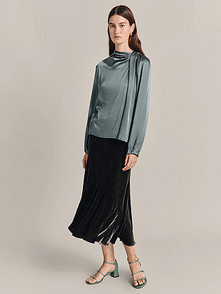 Ghost Celia Silk Blend Velvet Midi Skirt, Dark Green