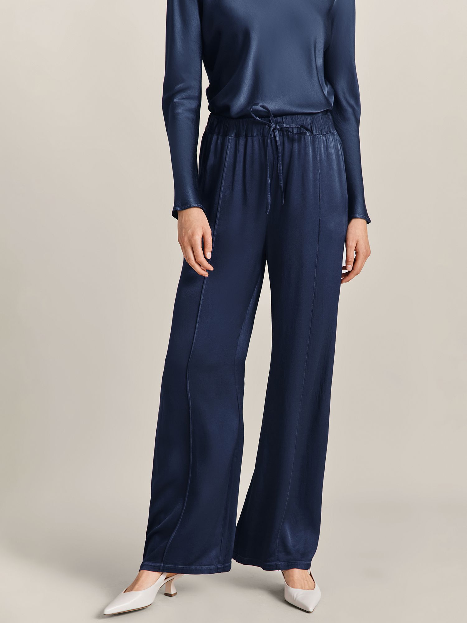 Ghost Lucia Wide Leg Satin Trousers, Dark Midnight at John Lewis & Partners
