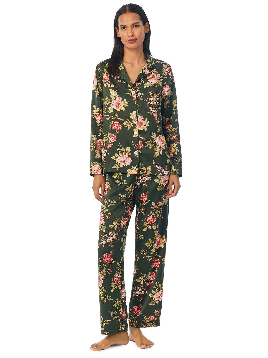 Lauren Ralph Lauren Floral Printed Satin Long Sleeve Pyjama Sets, Green ...