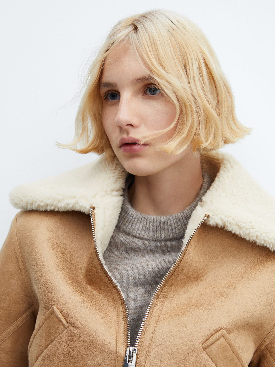 Buy Mango Splash Faux Shearling Collar Jacket, Camel Online at johnlewis.com