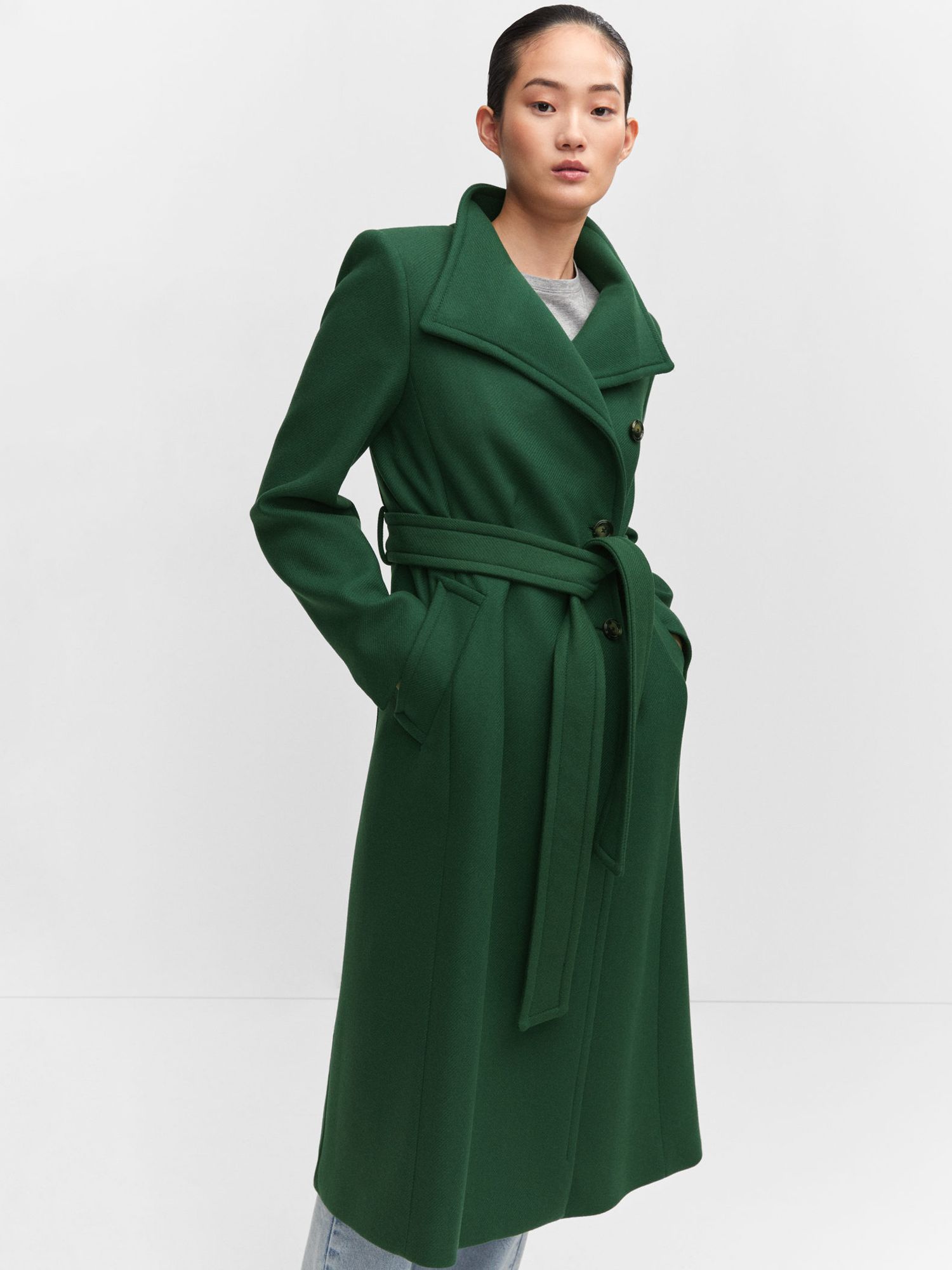 Mango Sirenita Wool Blend Long Belted Coat, Green at John Lewis & Partners