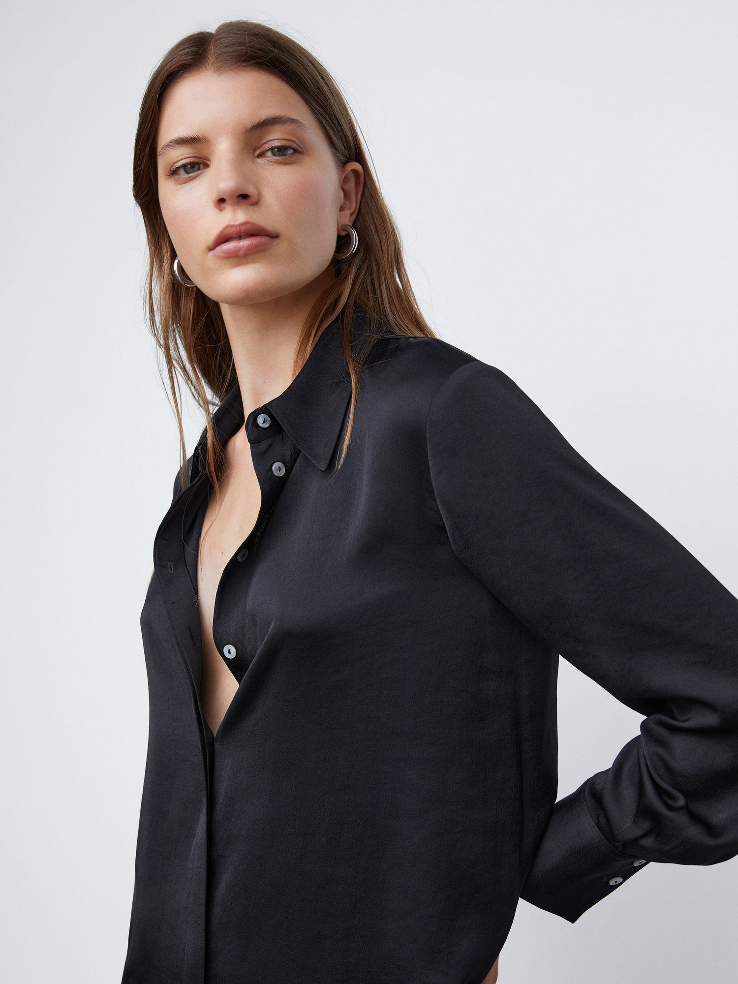 Mango Ideale Satin Shirt, Black at John Lewis & Partners