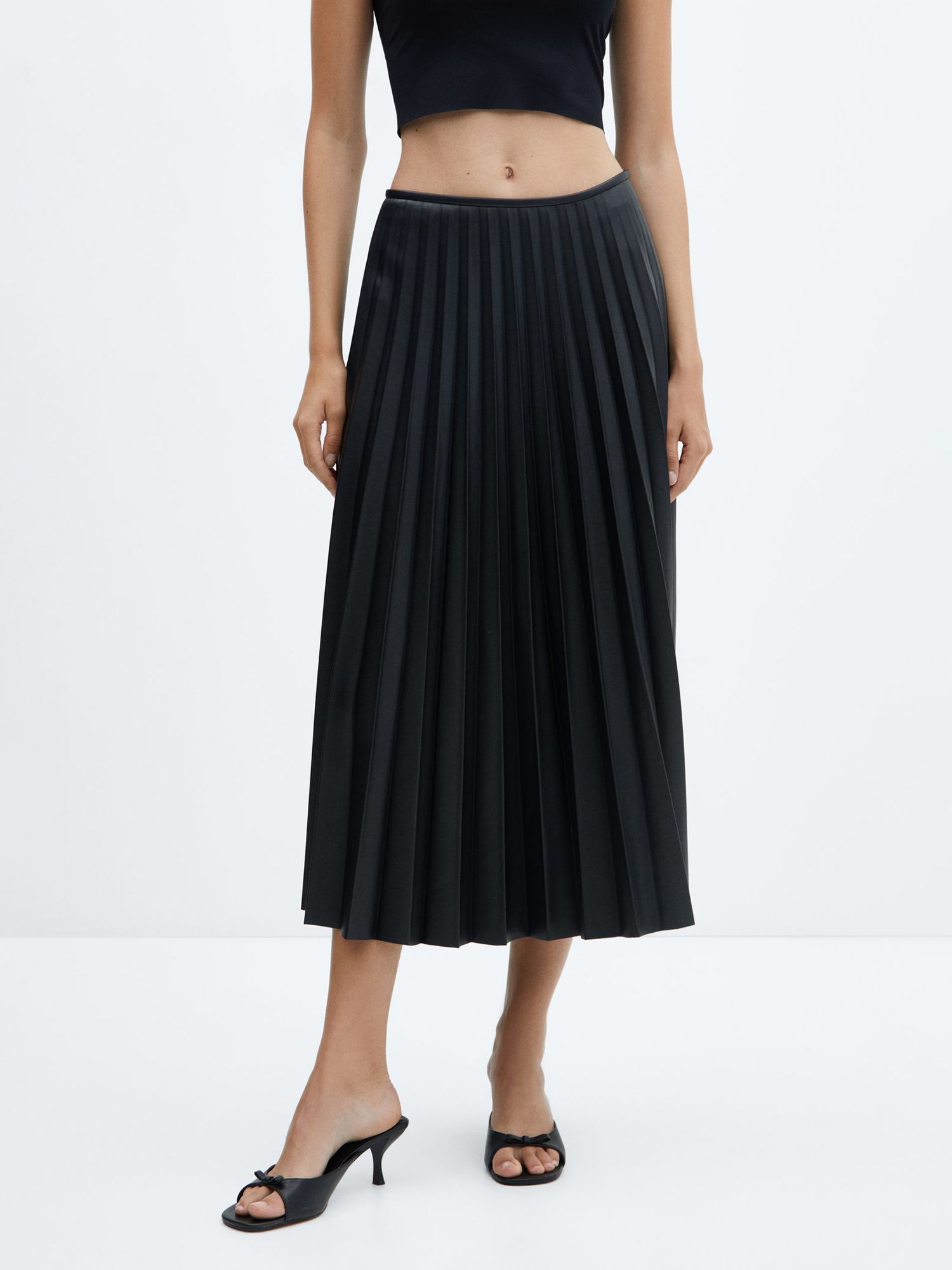 Mango Satin Effect Pleated Midi Skirt, Black
