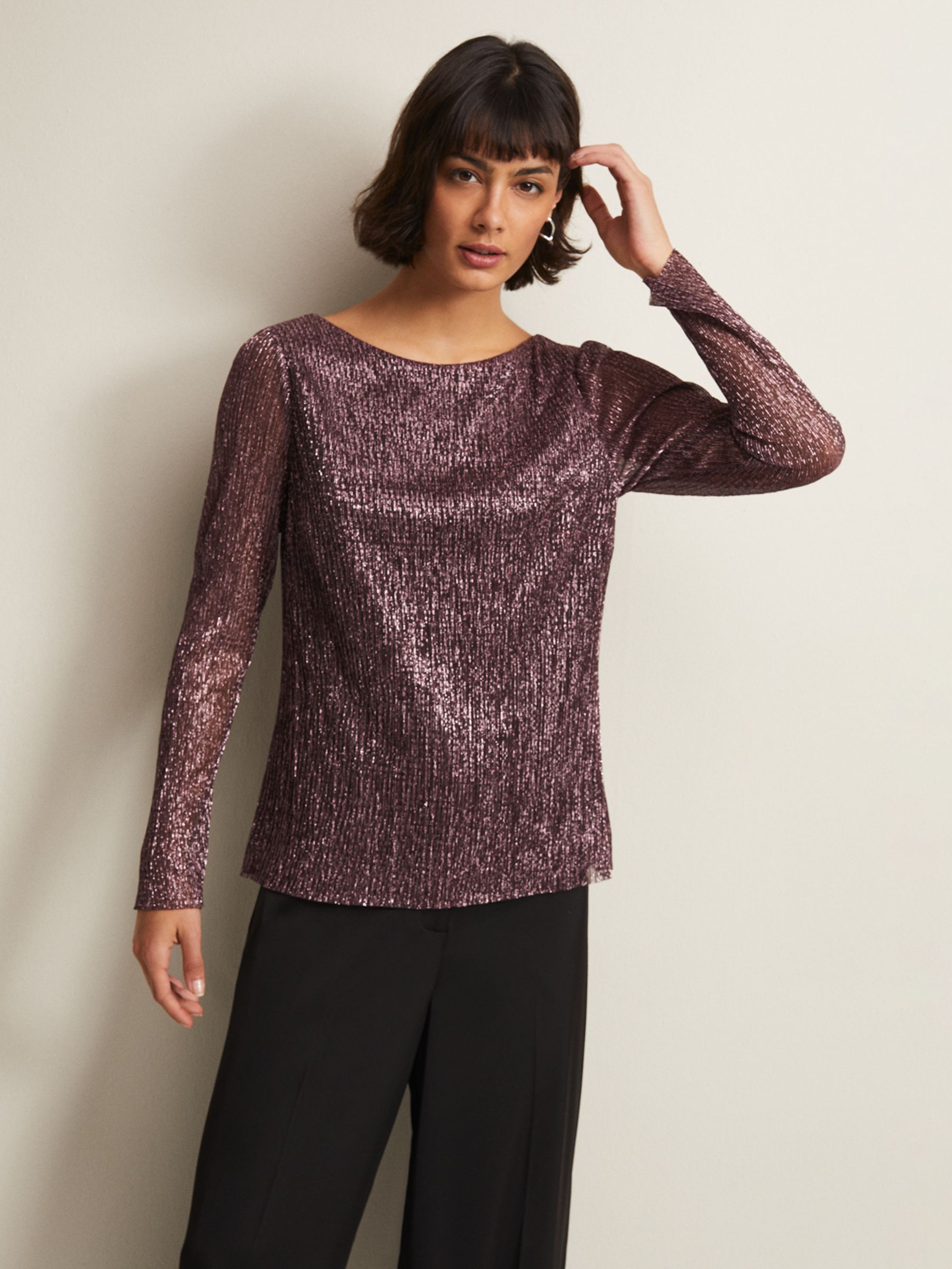 Phase Eight Alix Sparkly Plisse Top, Rose Gold, 8