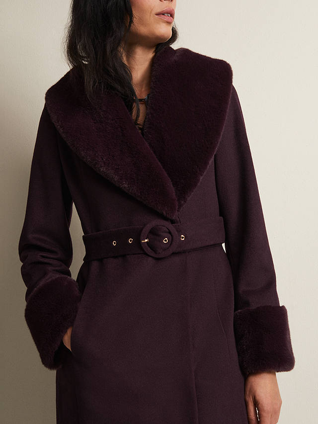 Phase Eight Zylah Wool Blend Faux Fur Collar Smart Coat, Burgundy