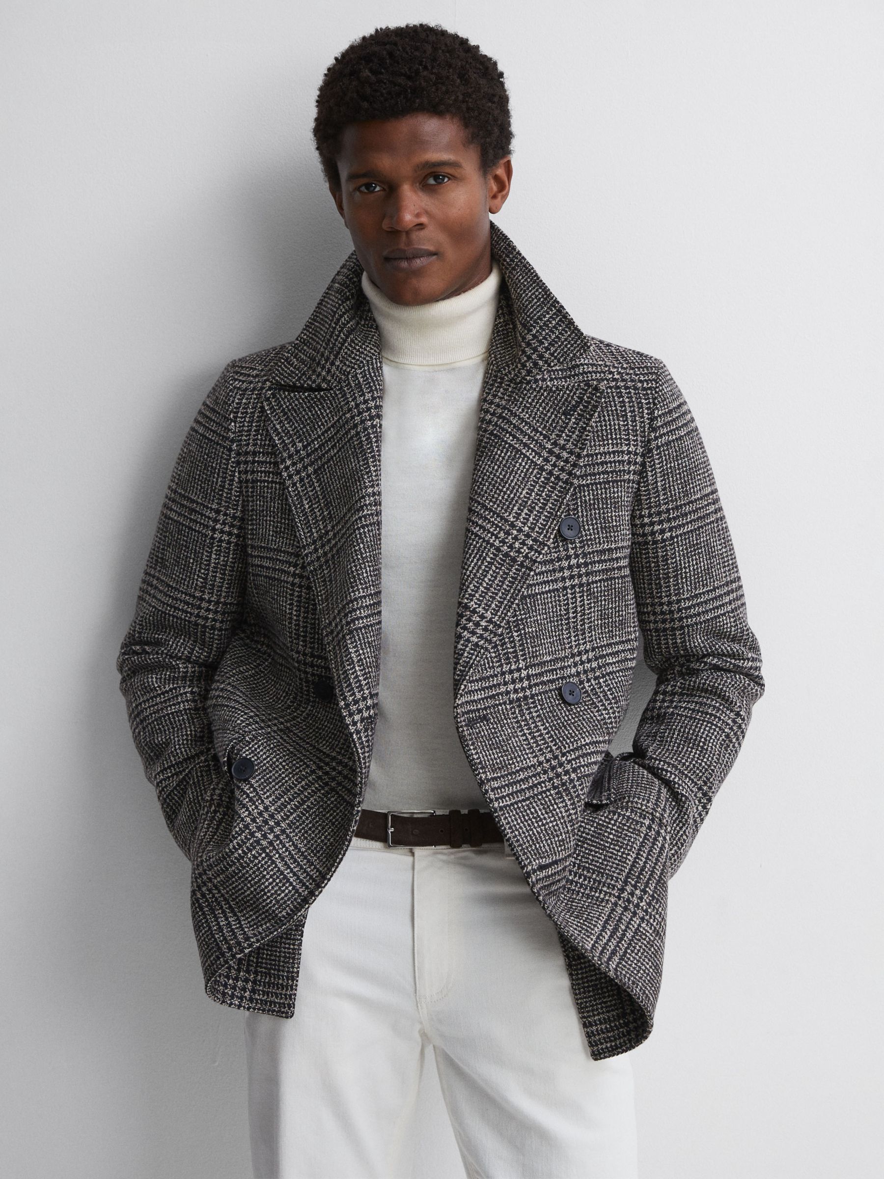 Reiss Brag Long Sleeve Large Check Coat, Grey