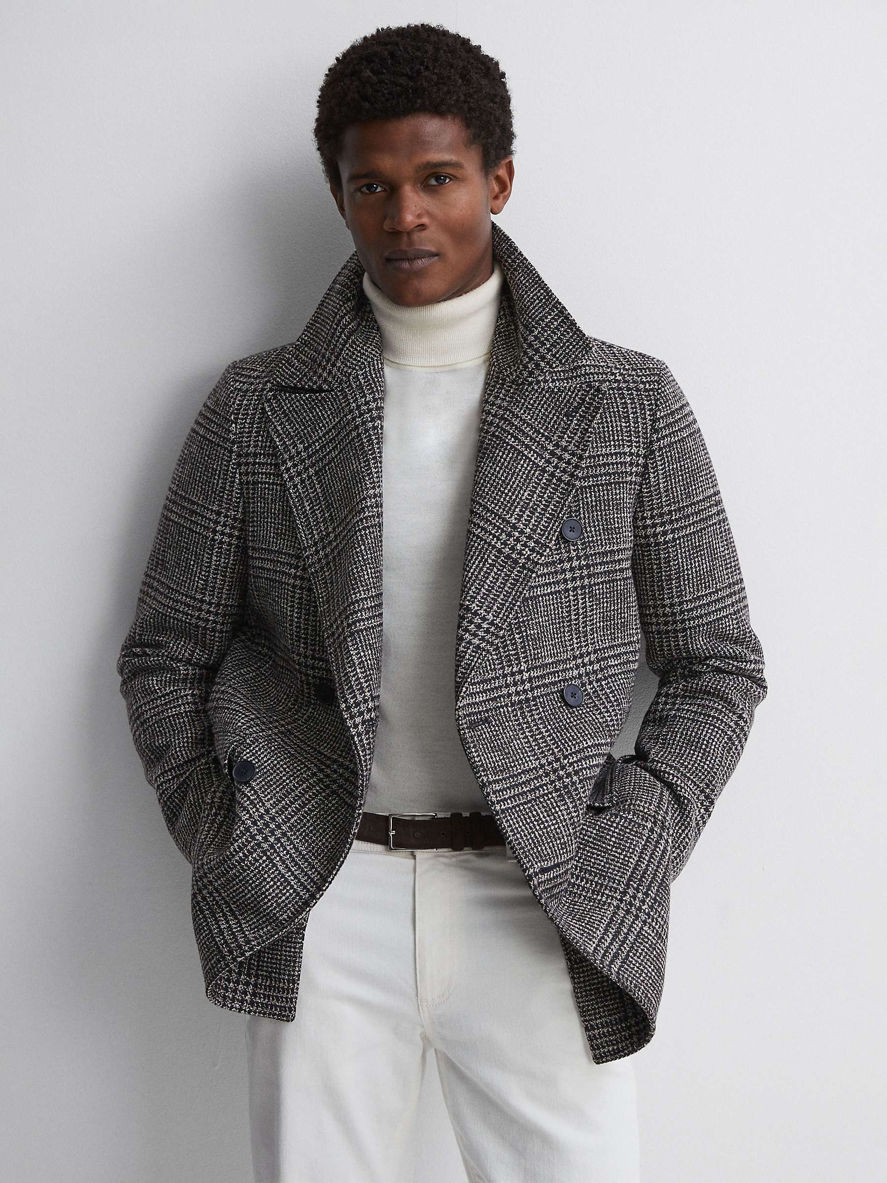 Reiss Brag Long Sleeve Large Check Coat, Grey at John Lewis & Partners