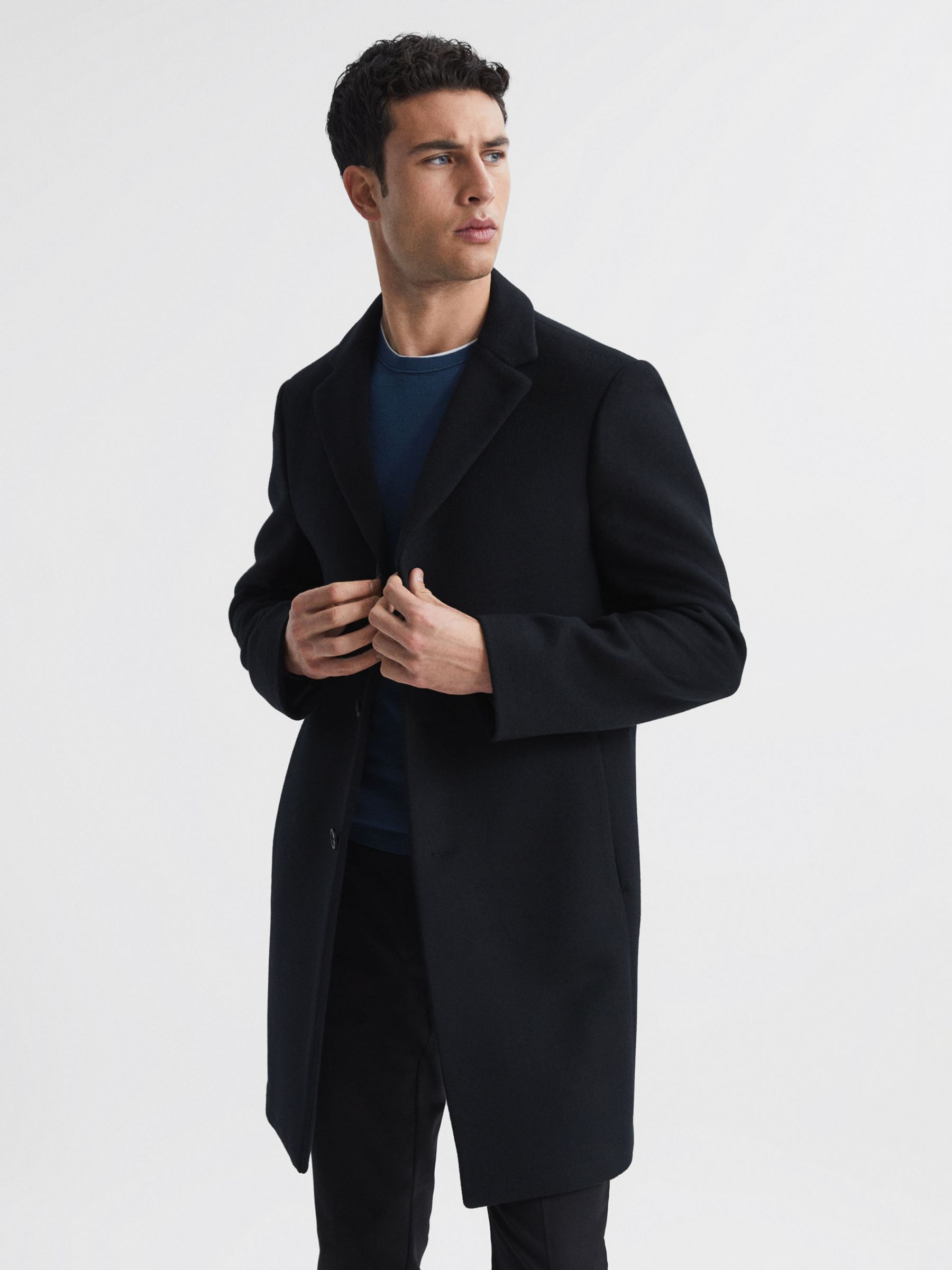 Reiss Gable Wool Epsom Overcoat, Black at John Lewis & Partners