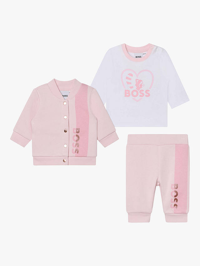BOSS Baby Logo T-Shirt, Trousers & Cardigan Gift Set, Light Pink at ...