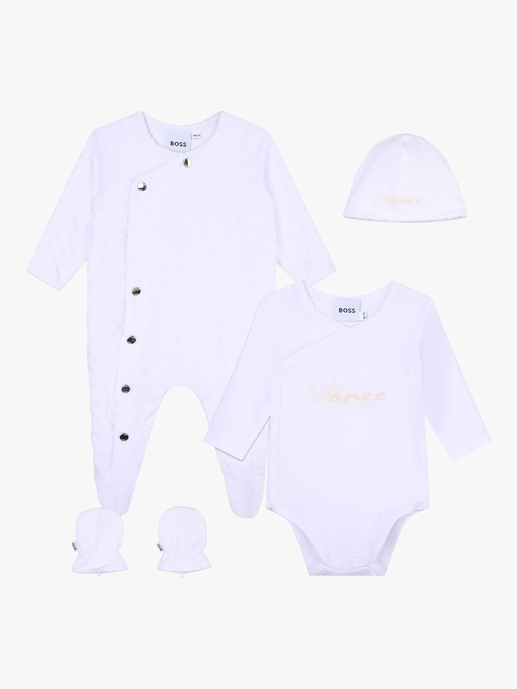 BOSS Baby Velvet Monogram Jacquard Sleepsuit, Bodysuit, Hat & Mitten Set, White, 6 months