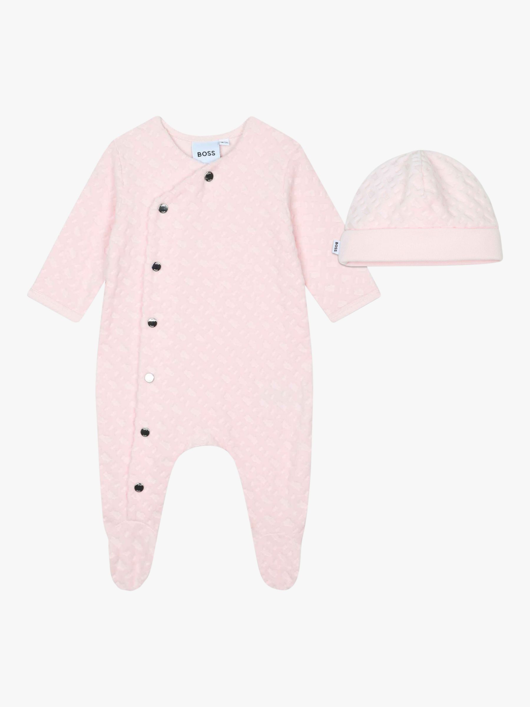 BOSS Baby Velvet Monogram Jacquard Sleepsuit & Hat Set, Pink, 6 months