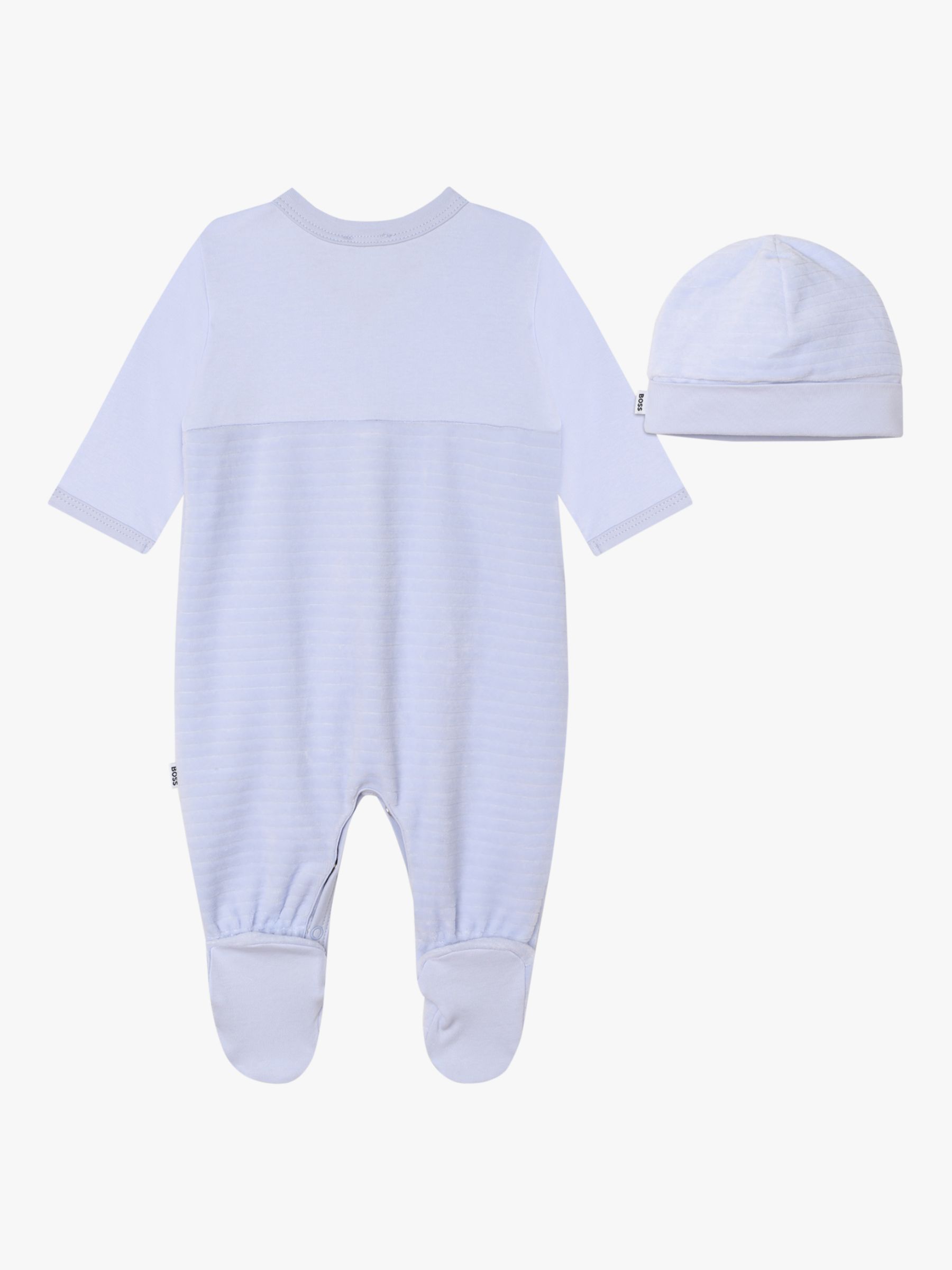 Buy BOSS Baby Logo Velvet Stripe Sleepsuit & Hat Set, Light Blue Online at johnlewis.com