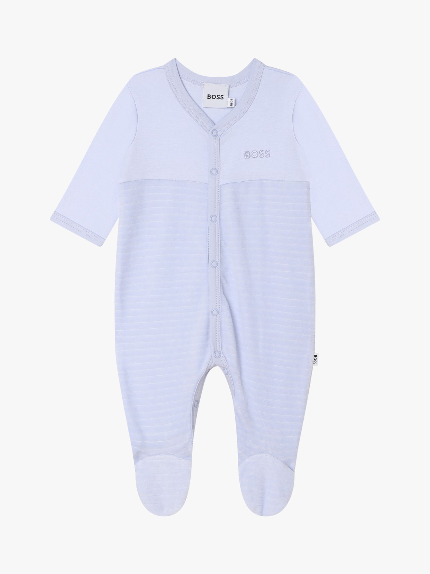 Buy BOSS Baby Logo Velvet Stripe Sleepsuit & Hat Set, Light Blue Online at johnlewis.com