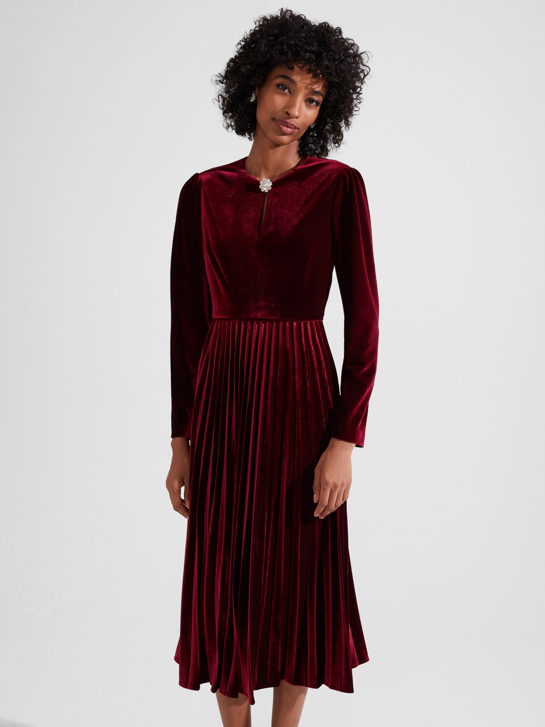 Hobbs Rosalie Velvet Pleated Dress, Deep Red, 12