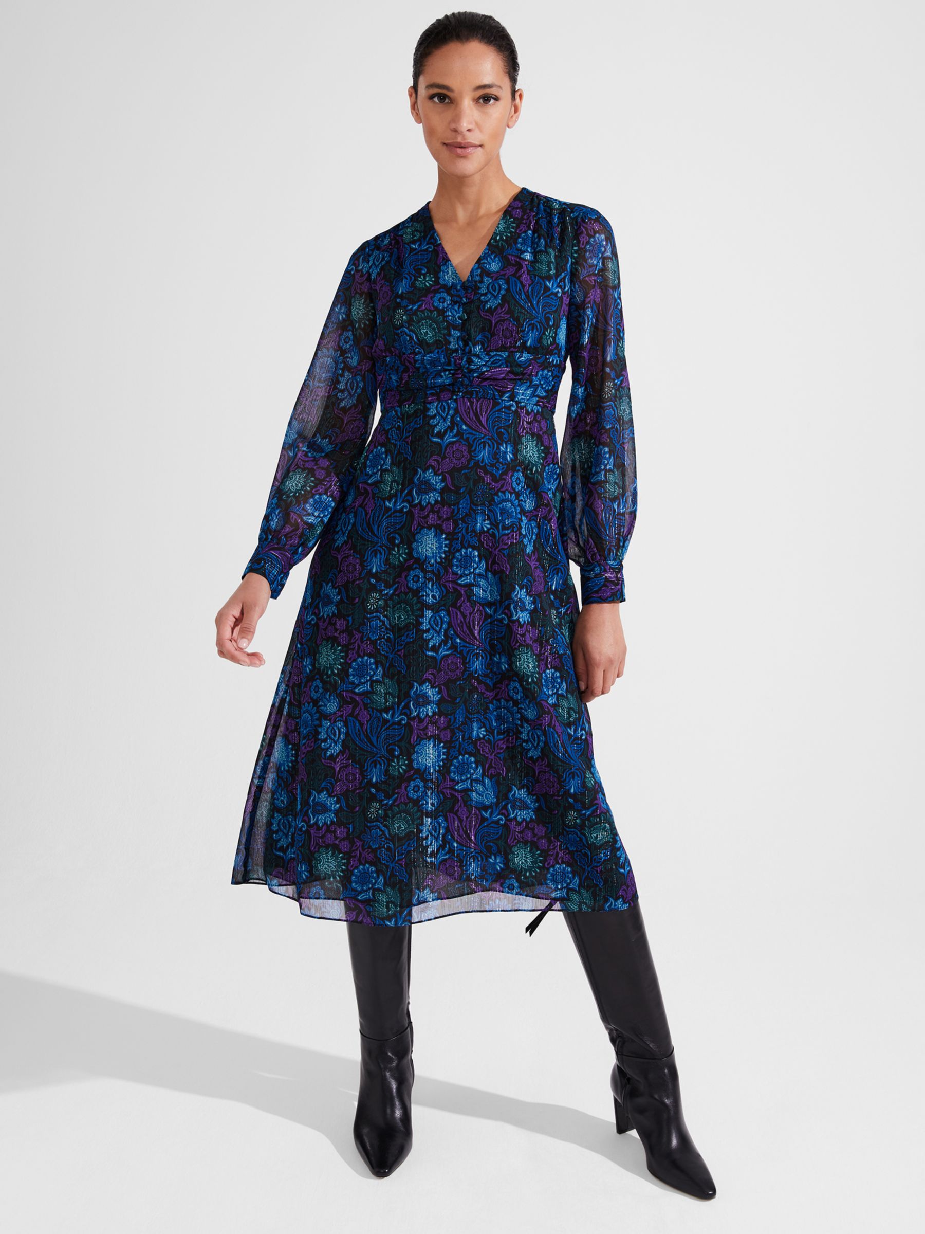 Hobbs Saffron Floral Midi Dress, Black/Multi at John Lewis & Partners