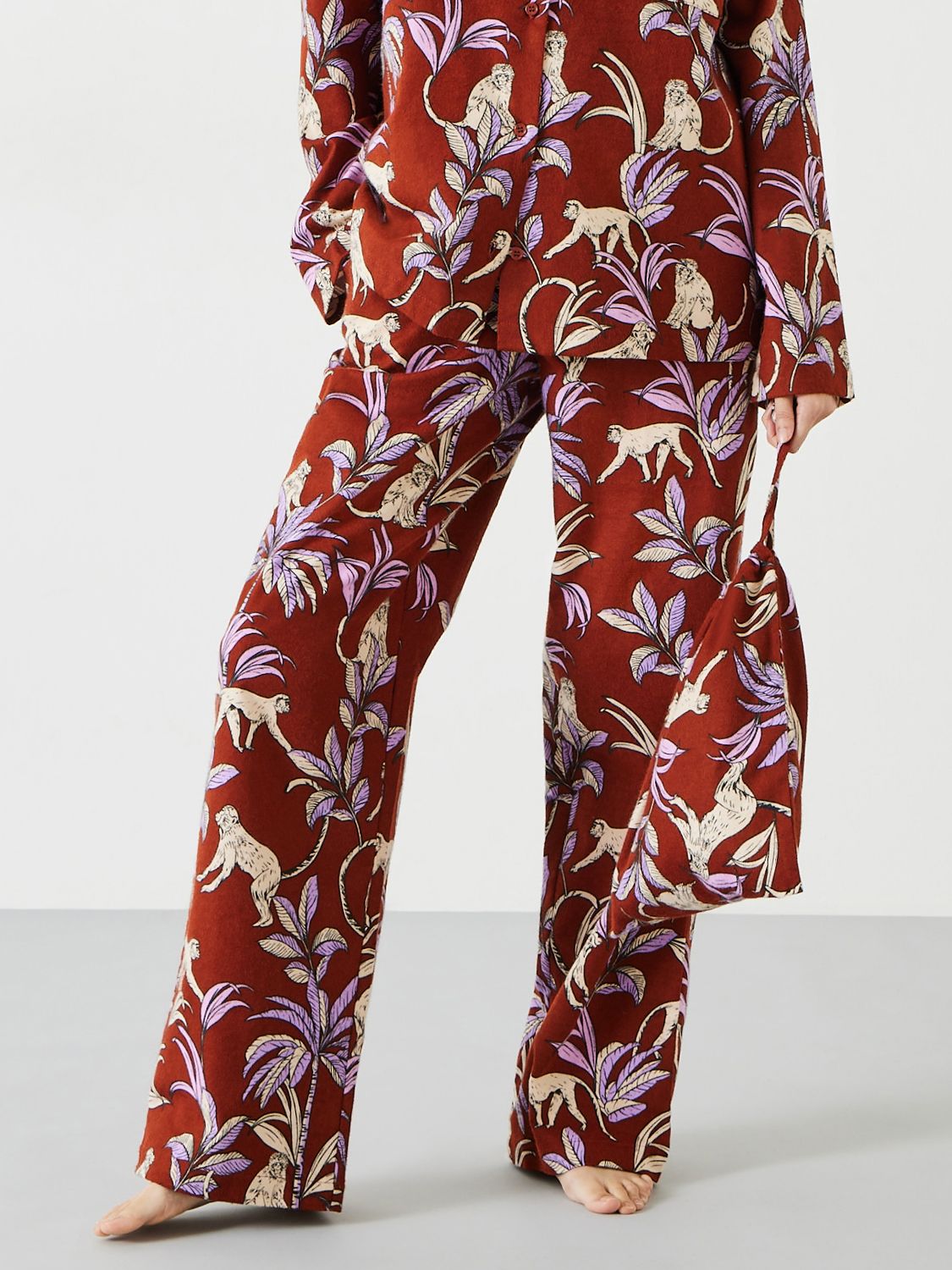 HUSH Sadie Cotton Flannel Monkey Print Pyjama Trousers, Brick/Lilac at ...