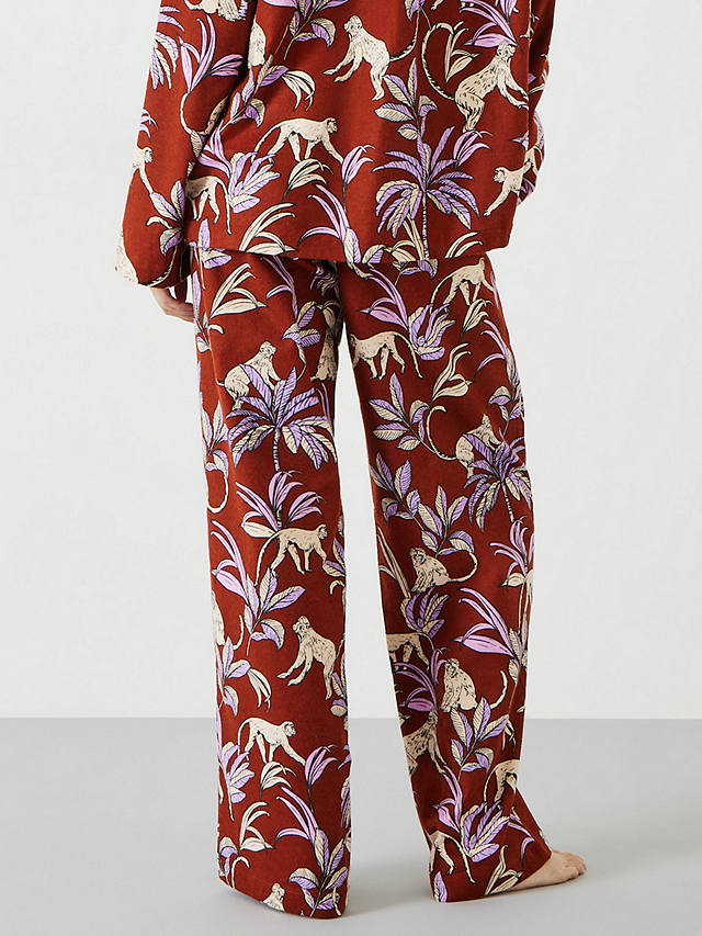 HUSH Sadie Cotton Flannel Monkey Print Pyjama Trousers, Brick/Lilac