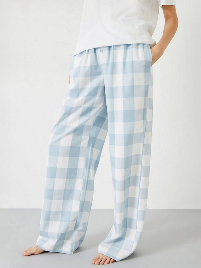 HUSH Brushed Cotton Blend Check Pyjama Trousers, Misty Blue/White