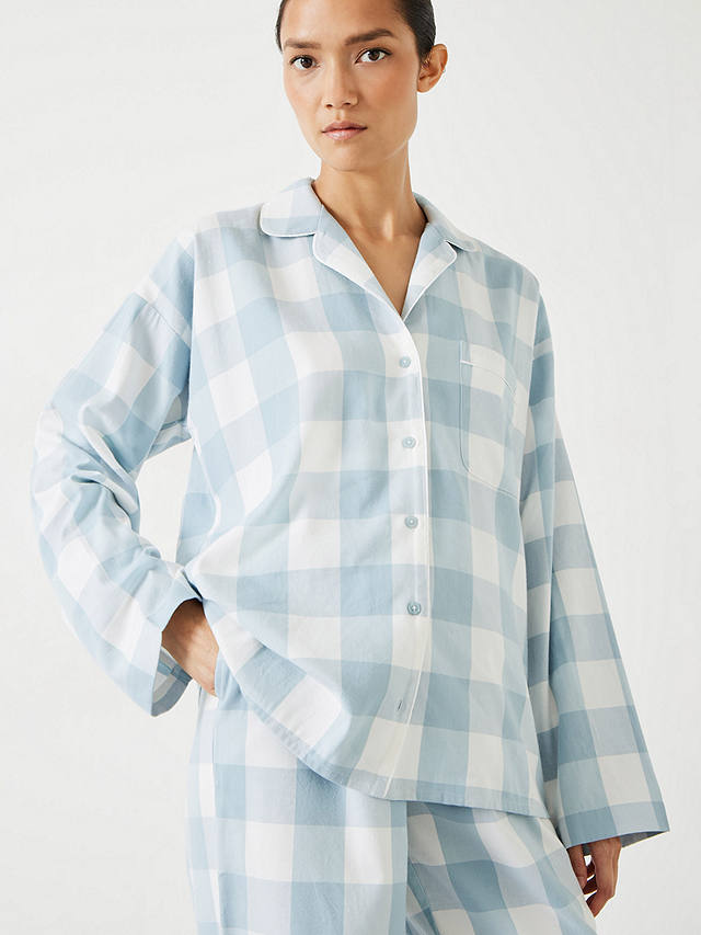 HUSH Brushed Cotton Blend Check Pyjamas, Misty Blue/White
