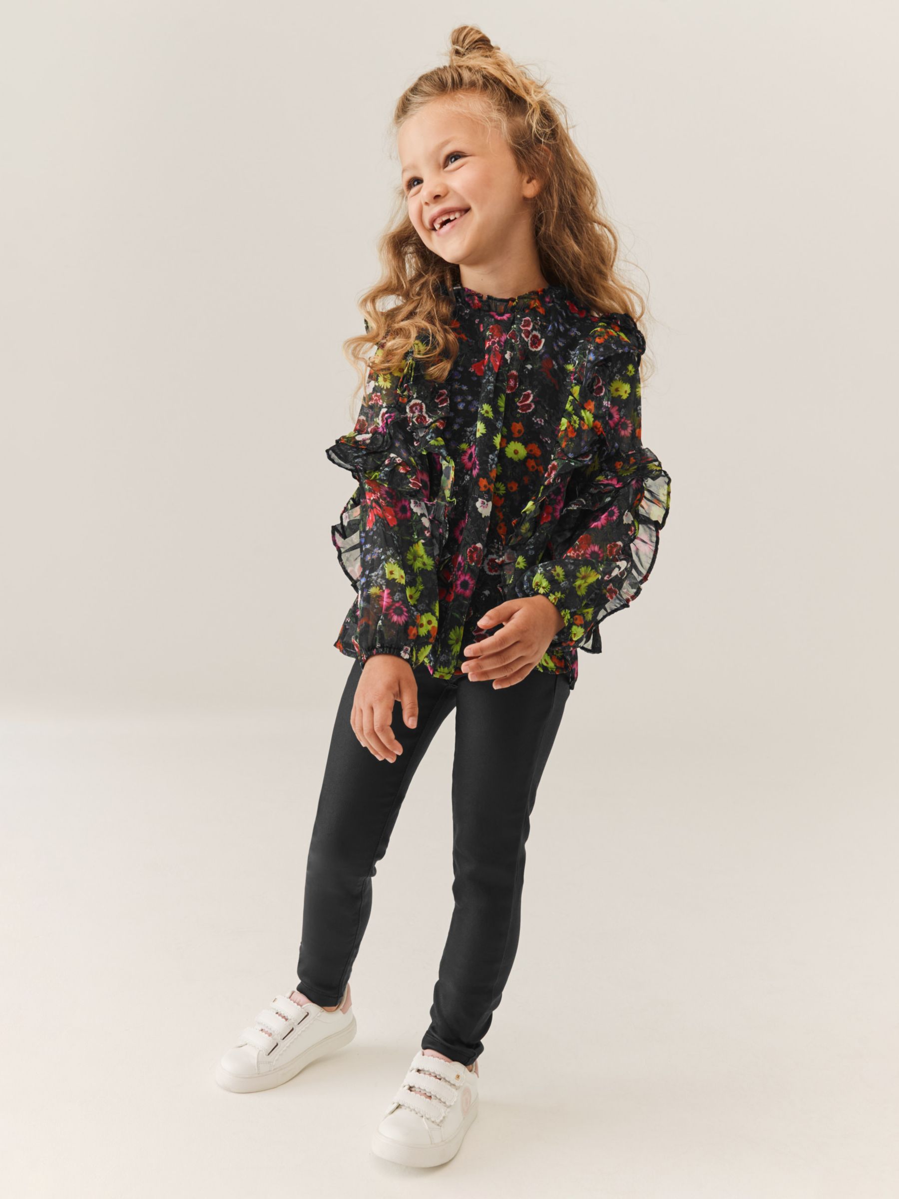 Ted Baker Kids' Floral Chiffon Blouse & Leather Look Legging Set, Black/Multi,  4 years