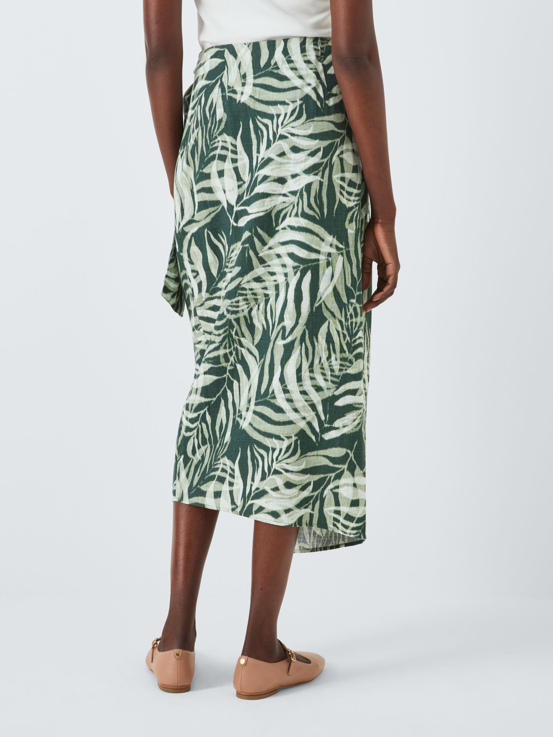 John Lewis Rio Palm Print Linen Blend Skirt, Green/Multi, 10