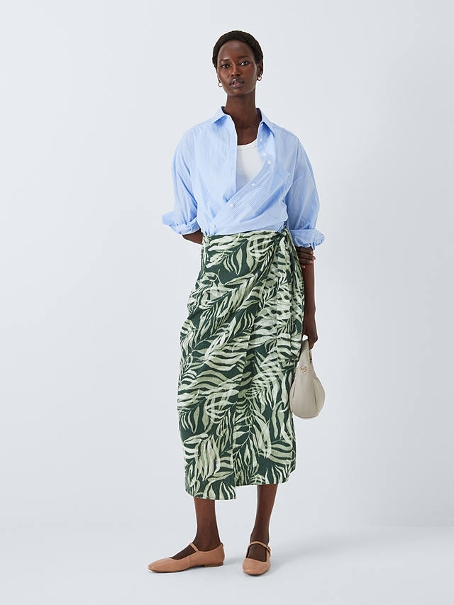 John Lewis Rio Palm Print Linen Blend Skirt, Green/Multi