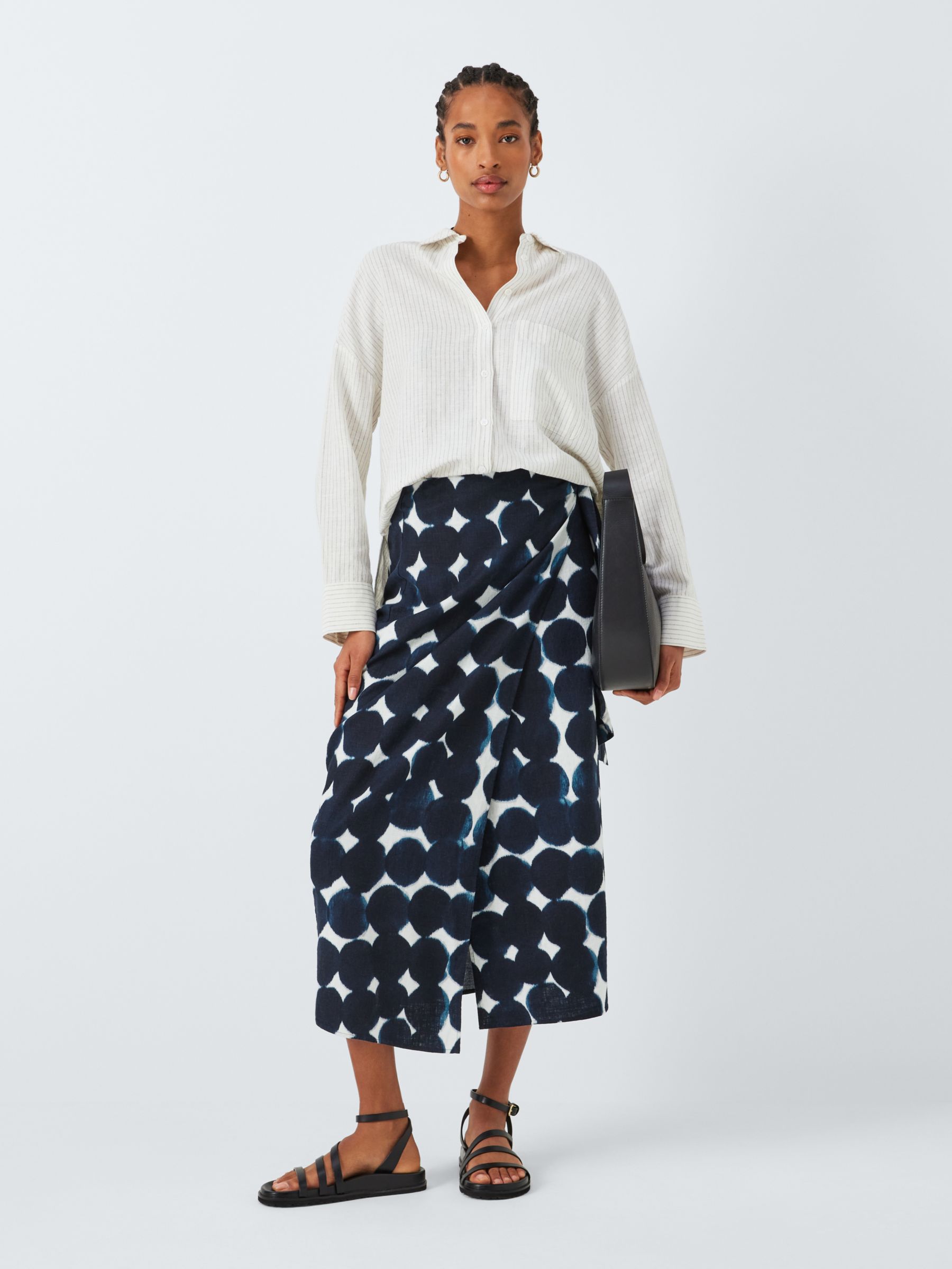 John Lewis Haze Spot Print Linen Blend Skirt, Blue/Multi, 12