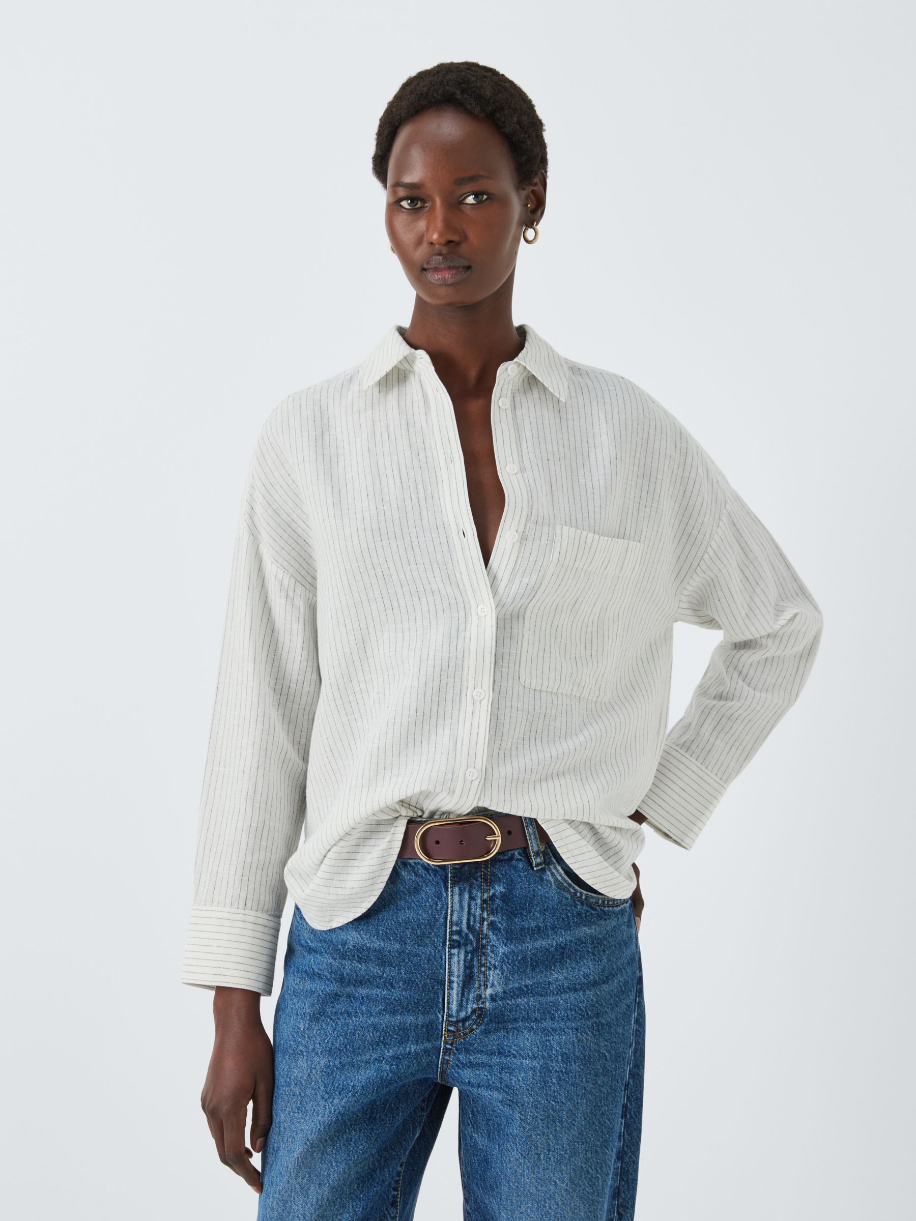 John Lewis Stripe Linen Shirt, White/Multi, 16