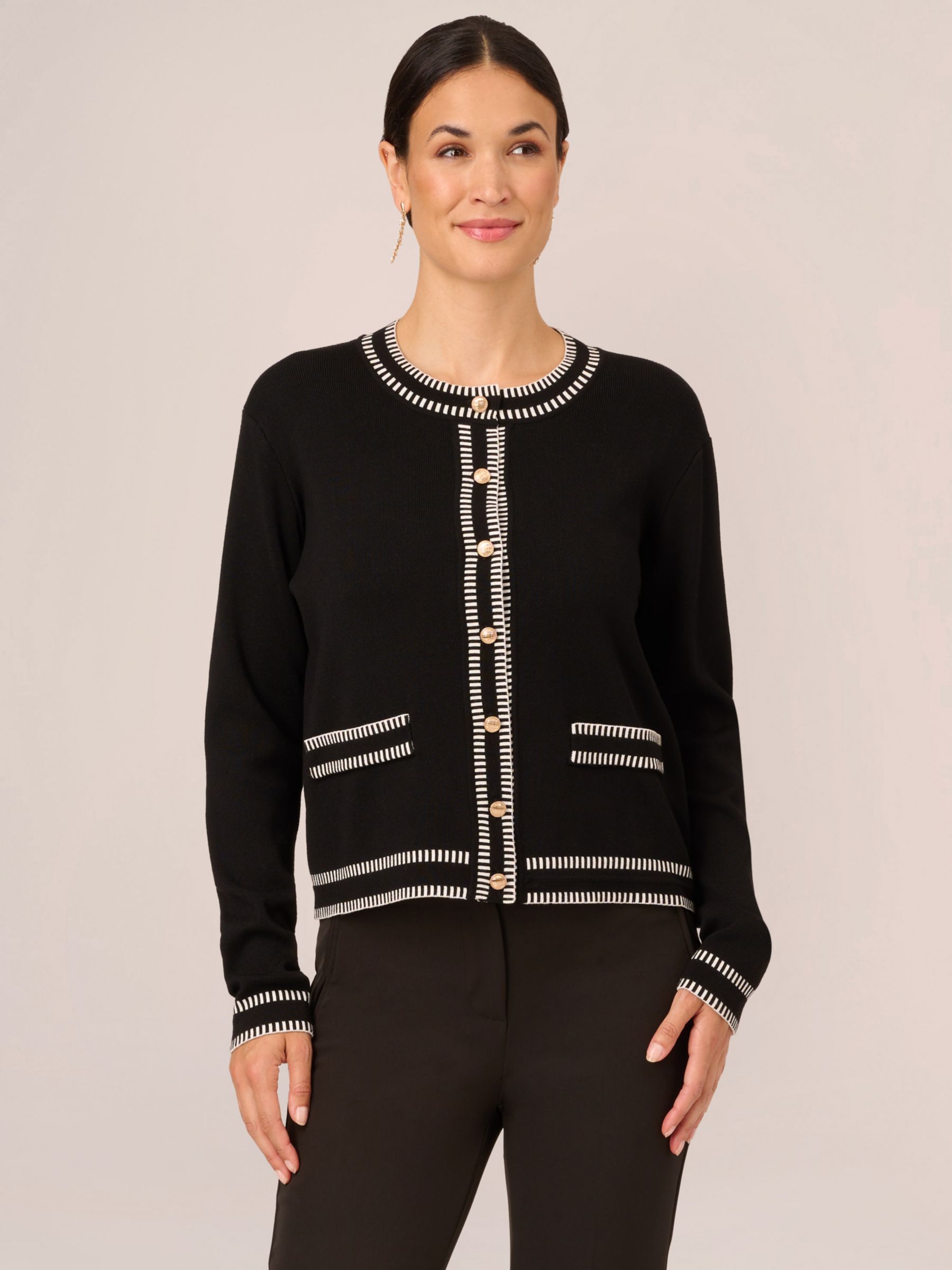 Adrianna Papell Crew Neck Cardigan With Stitch Detail Black Cream