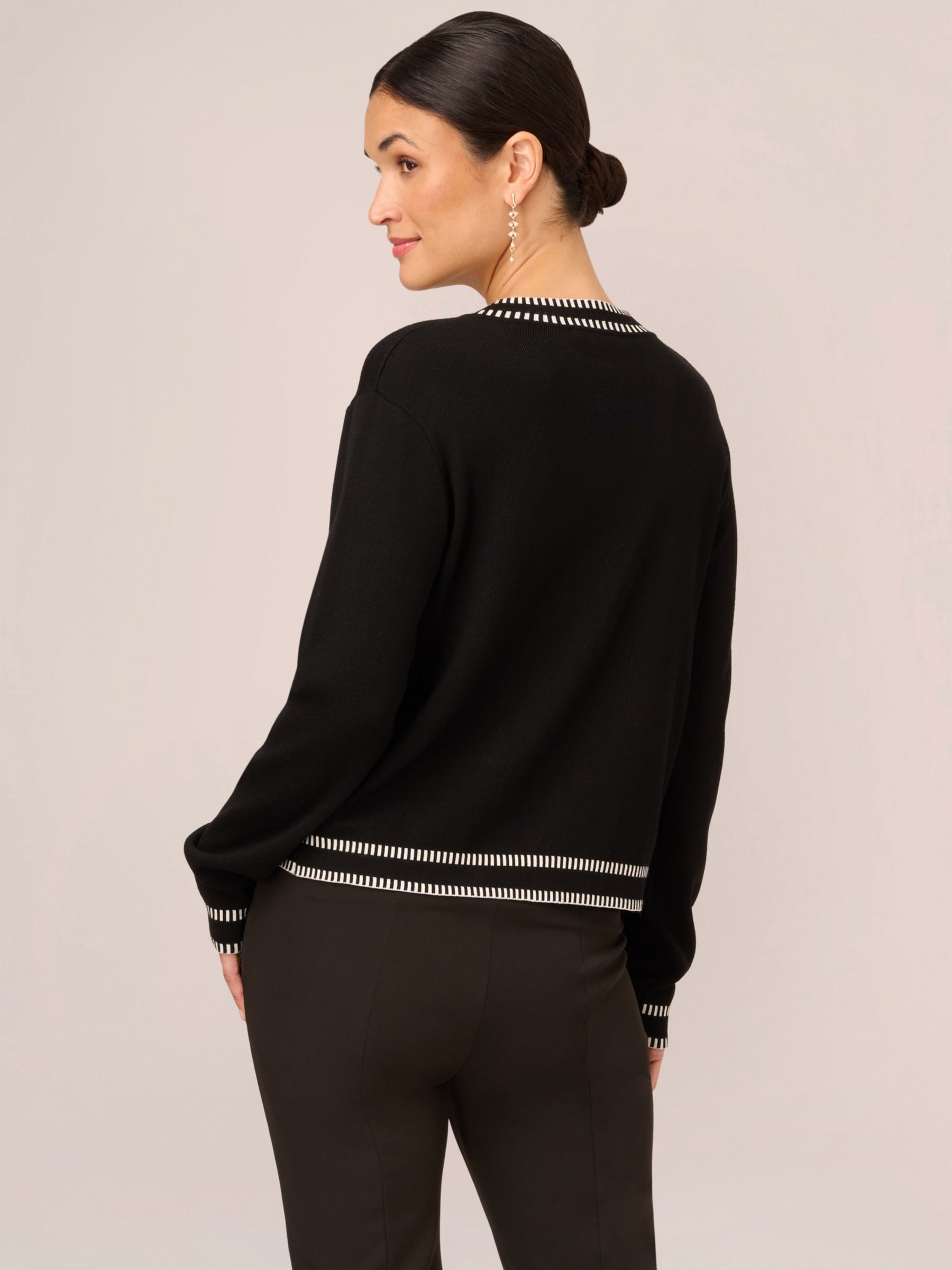 Adrianna Papell Crew Neck Cardigan With Stitch Detail Black Cream