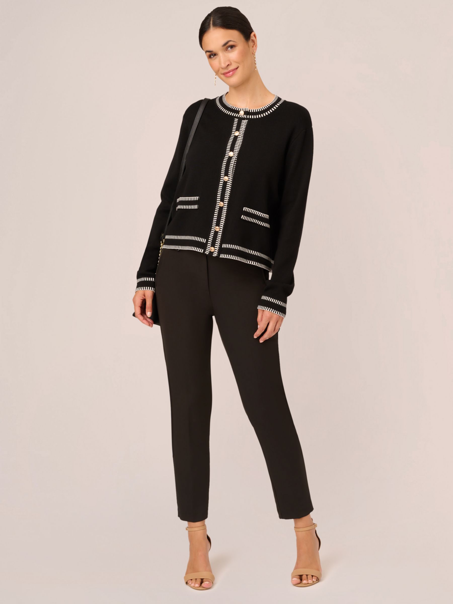 Adrianna Papell Crew Neck Cardigan With Stitch Detail Black Cream