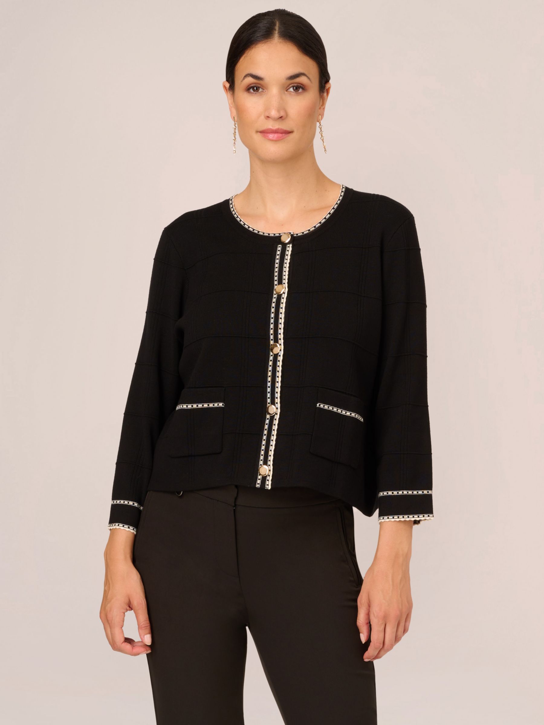 Adrianna Papell Button Front Tipped Sweater Black Cream