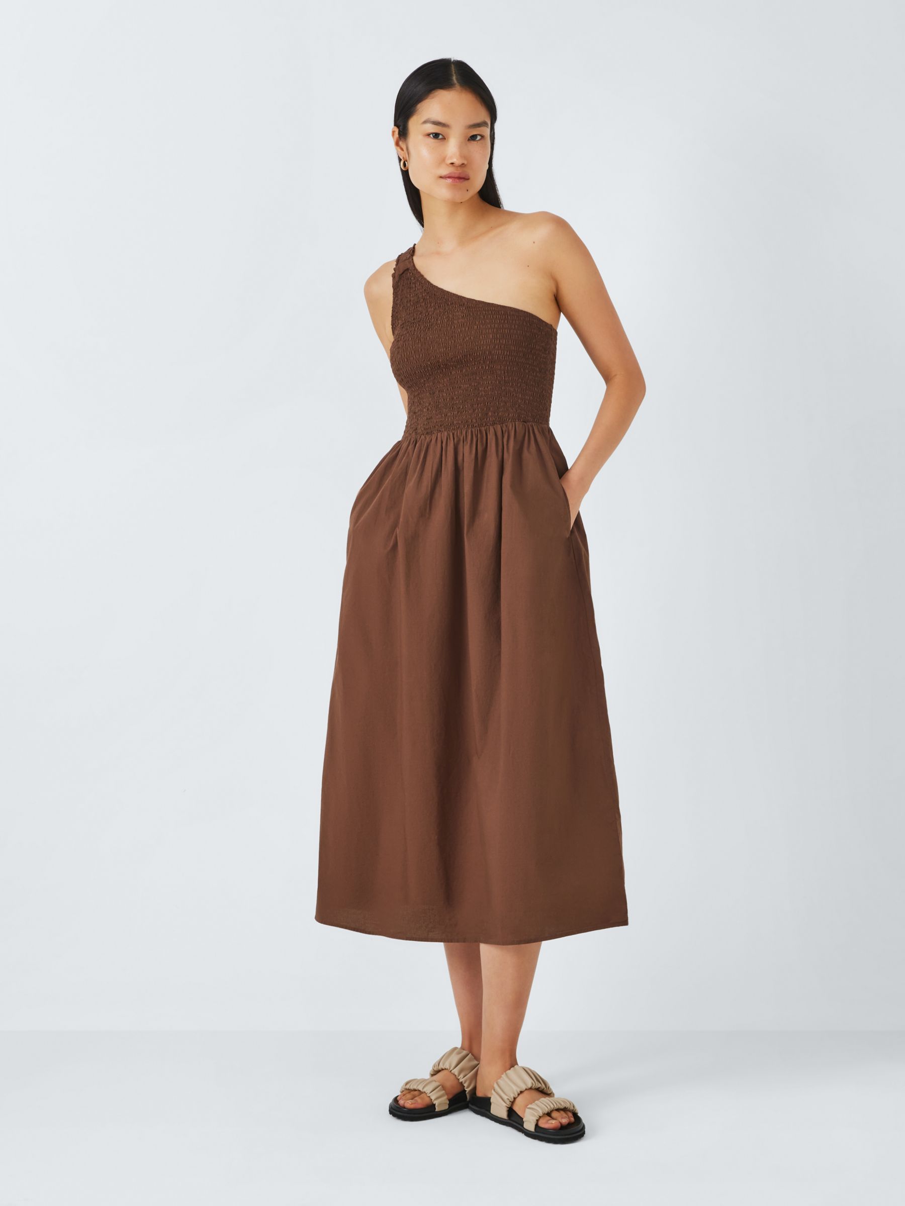 John Lewis ANYDAY Shirred Bodice Asymmetric Dress, Brown, 6