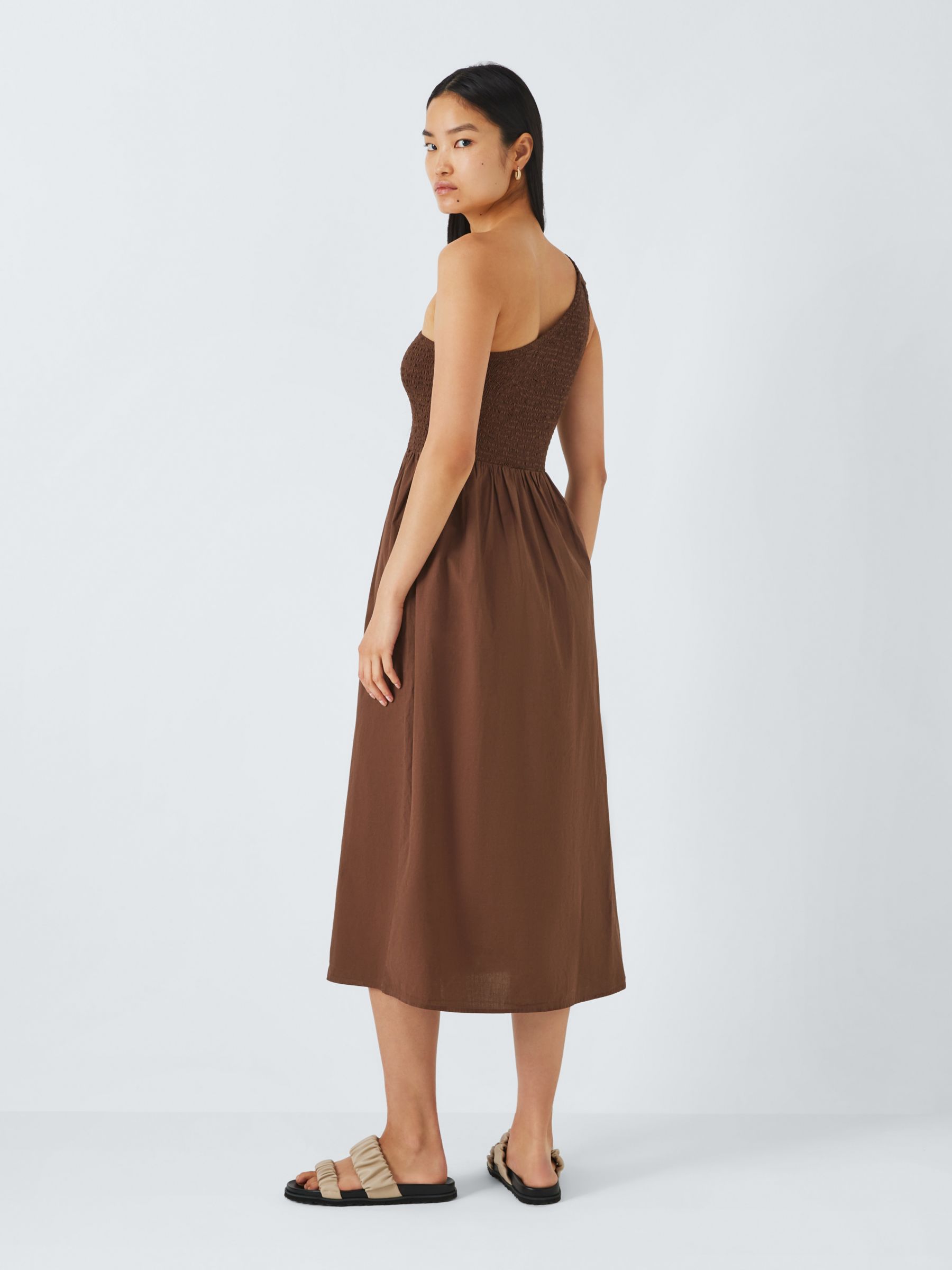 John Lewis ANYDAY Shirred Bodice Asymmetric Dress, Brown, 8