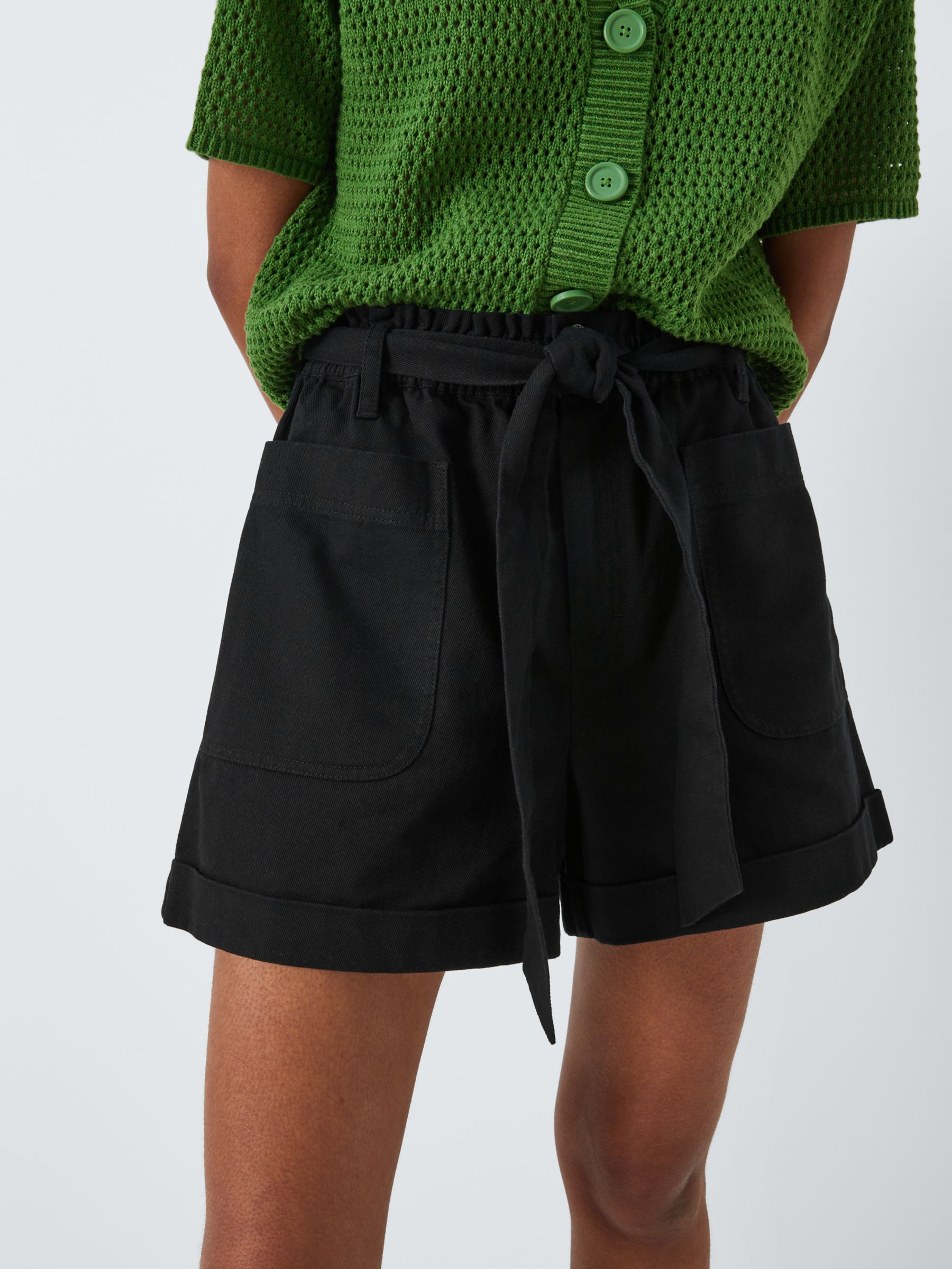 John Lewis ANYDAY Paperbag Cotton Twill Shorts, Black, 6