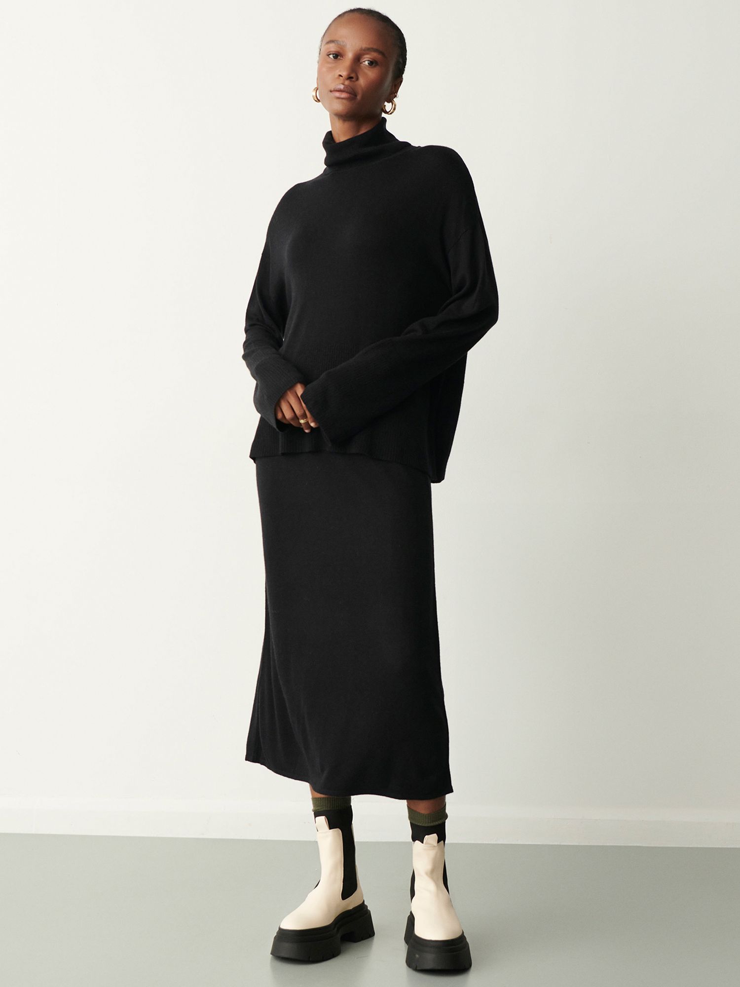 Finery Thea Knitted Midi Skirt, Black at John Lewis & Partners